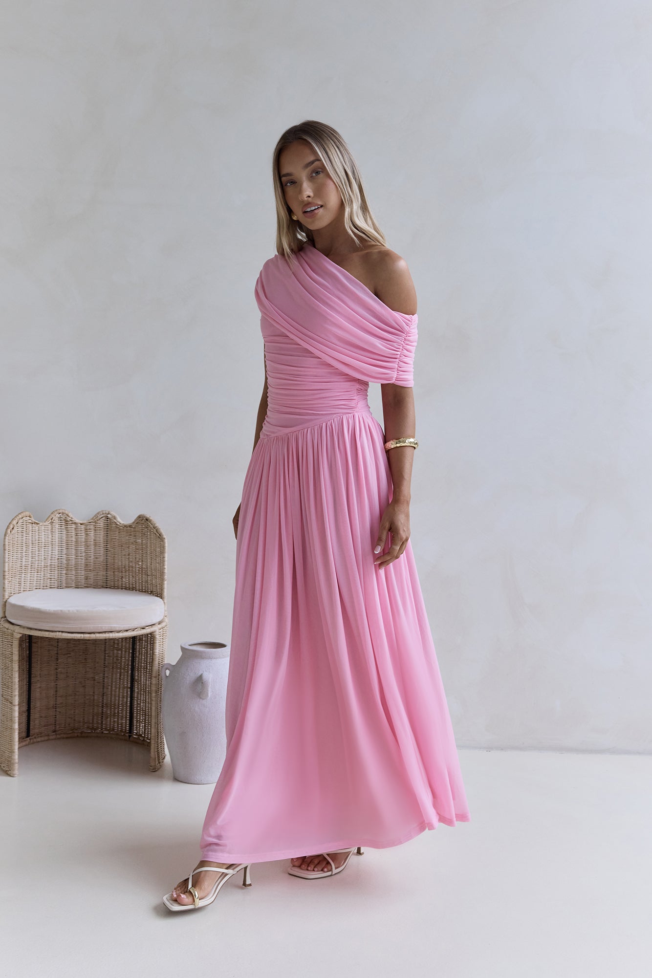 Hidden Flair One Shoulder Mesh Maxi Dress Pink | Fortunate One Hidden Flair One Shoulder Mesh Maxi Dress Pink | Fortunate One