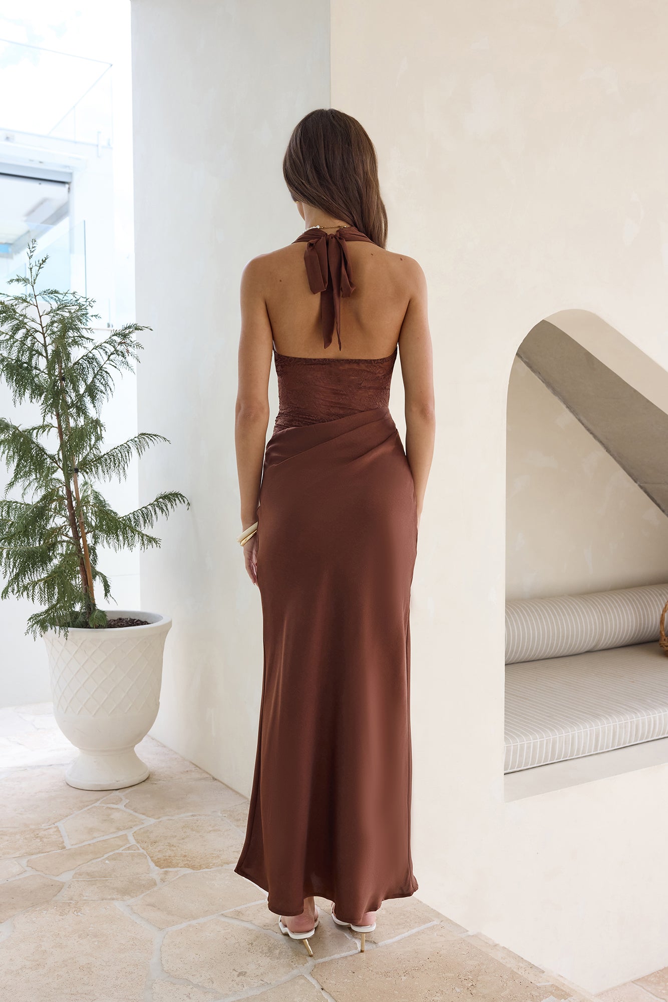 halter neck satin dress maxi Sage Green Satin Halter Neck Dress With Lace-Up Back