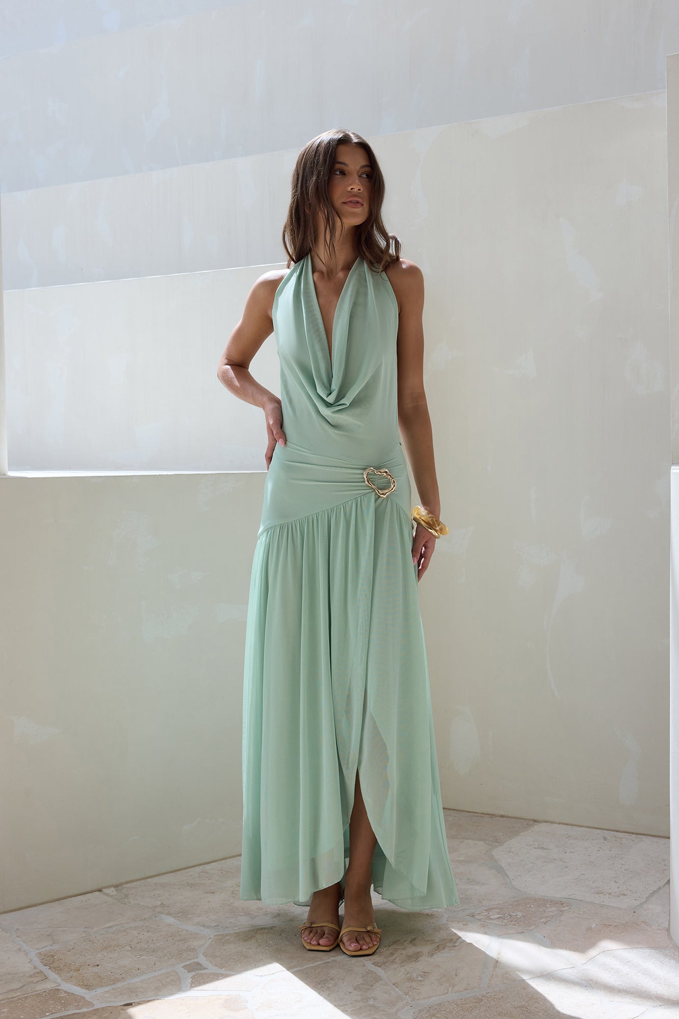 Floating Clouds Halter Mesh Maxi Dress Sage | Fortunate One Floating Clouds Halter Mesh Maxi Dress Sage | Fortunate One