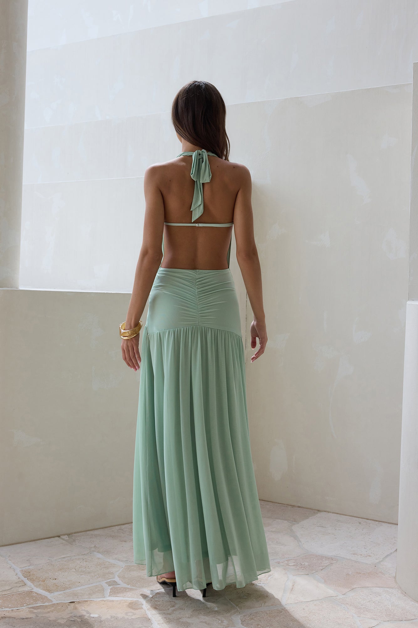 Floating Clouds Halter Mesh Maxi Dress Sage | Fortunate One Floating Clouds Halter Mesh Maxi Dress Sage | Fortunate One