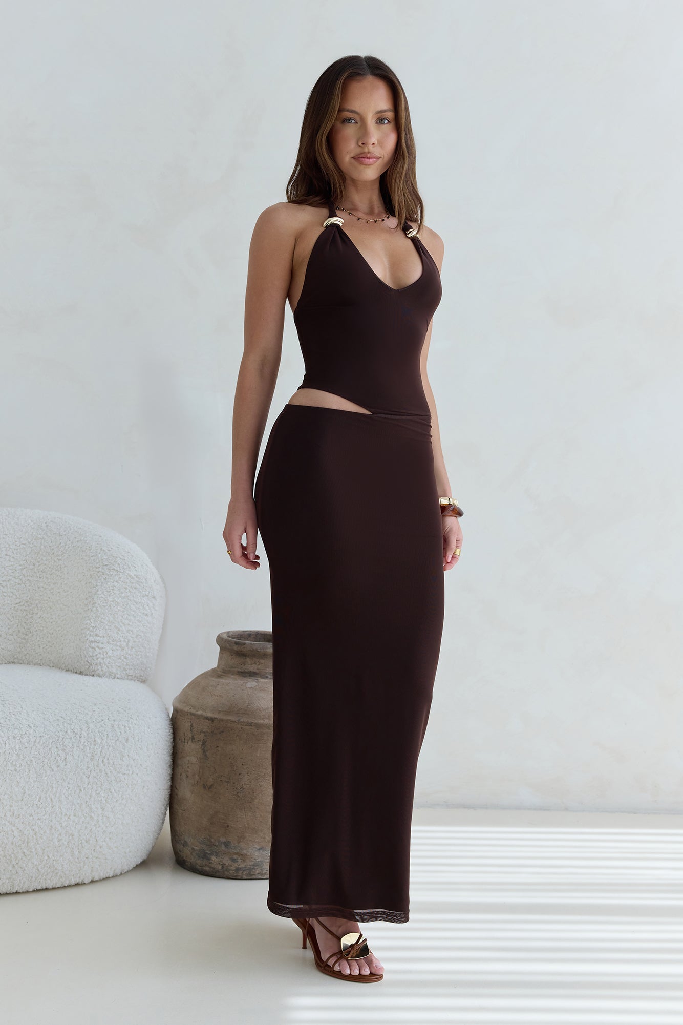 Whispers In The Dark Halter Mesh Maxi Dress Brown | Fortunate One Whispers In The Dark Halter Mesh Maxi Dress Brown | Fortunate One