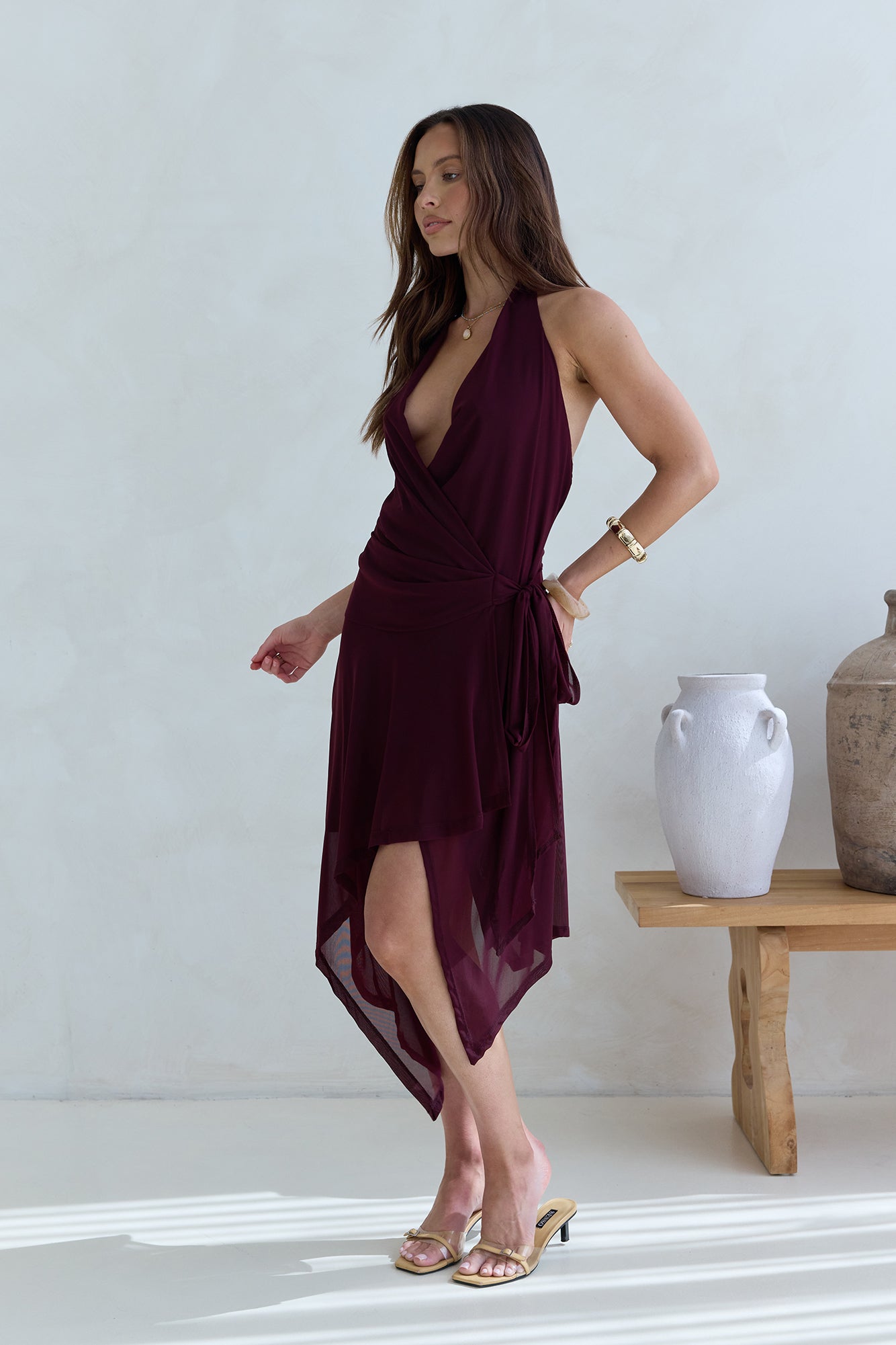 Starry Dreams Halter Mesh Mini Dress Burgundy Size S Starry Dreams Halter Mesh Mini Dress Burgundy Size S