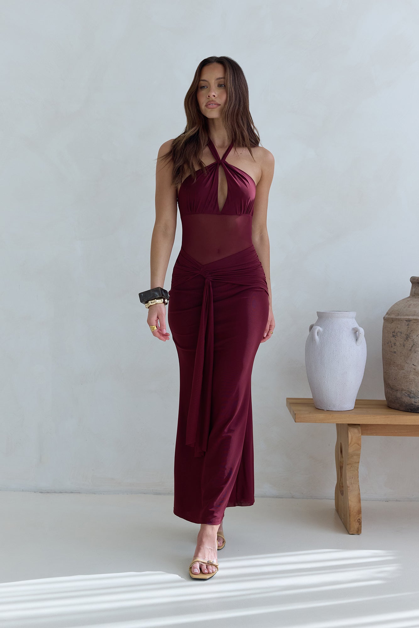 Luxe Darling Halter Mesh Maxi Dress Burgundy Size L from Hello Molly
