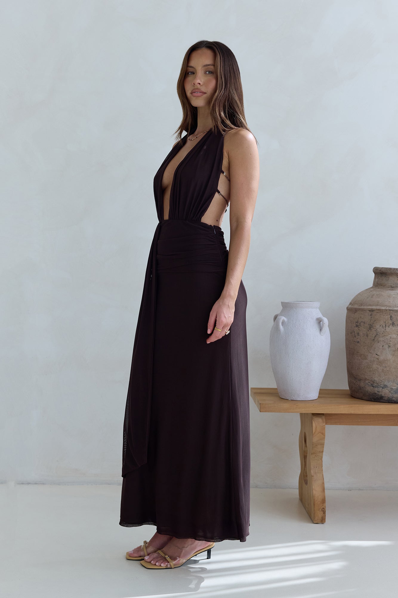 Make Your Mark Mesh Halter Maxi Dress Brown | Fortunate One Make Your Mark Mesh Halter Maxi Dress Brown | Fortunate One
