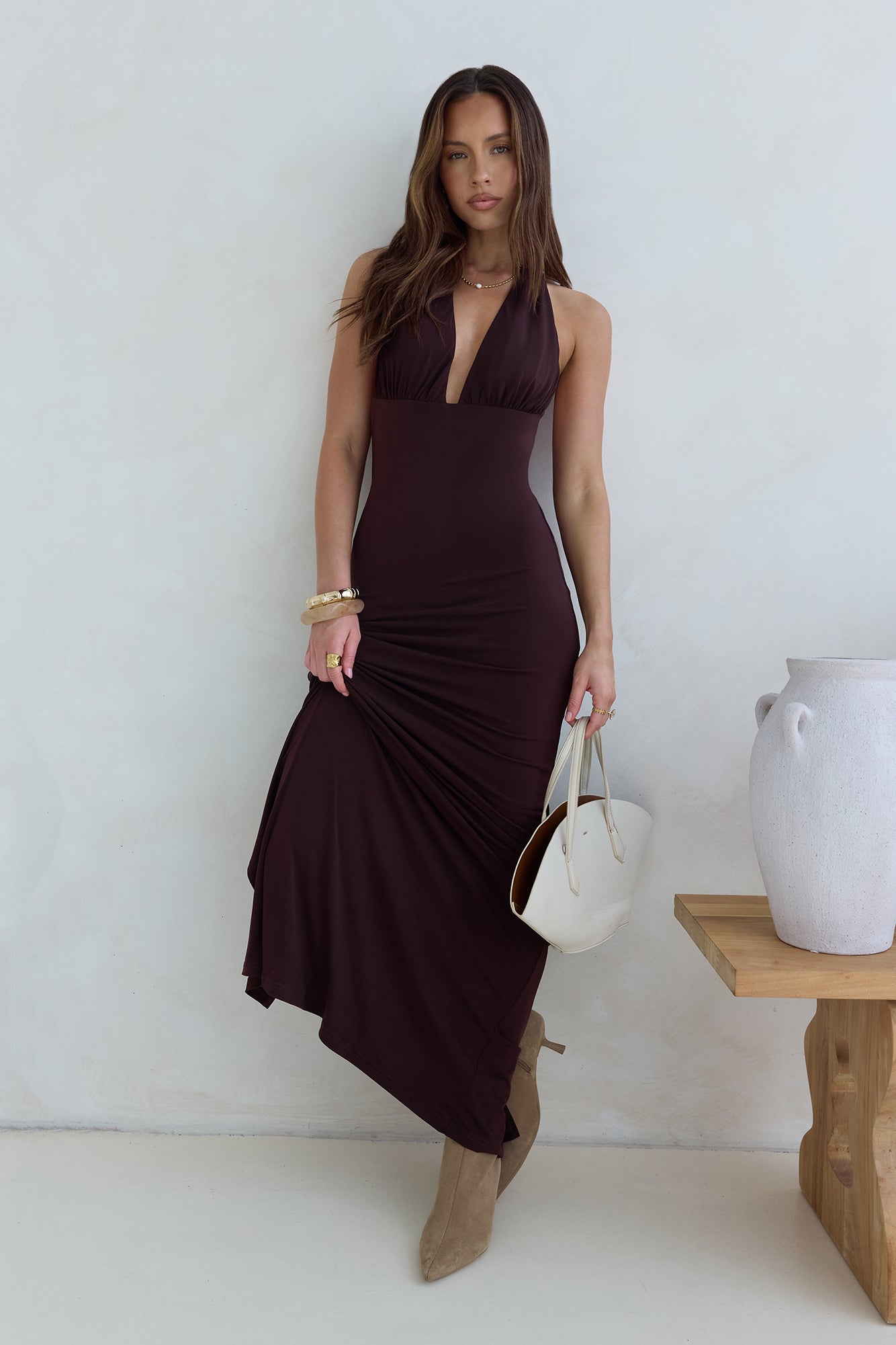 beth dutton brown polka dot dress Nakita Halterneck Maxi Dress - Brown main image 1