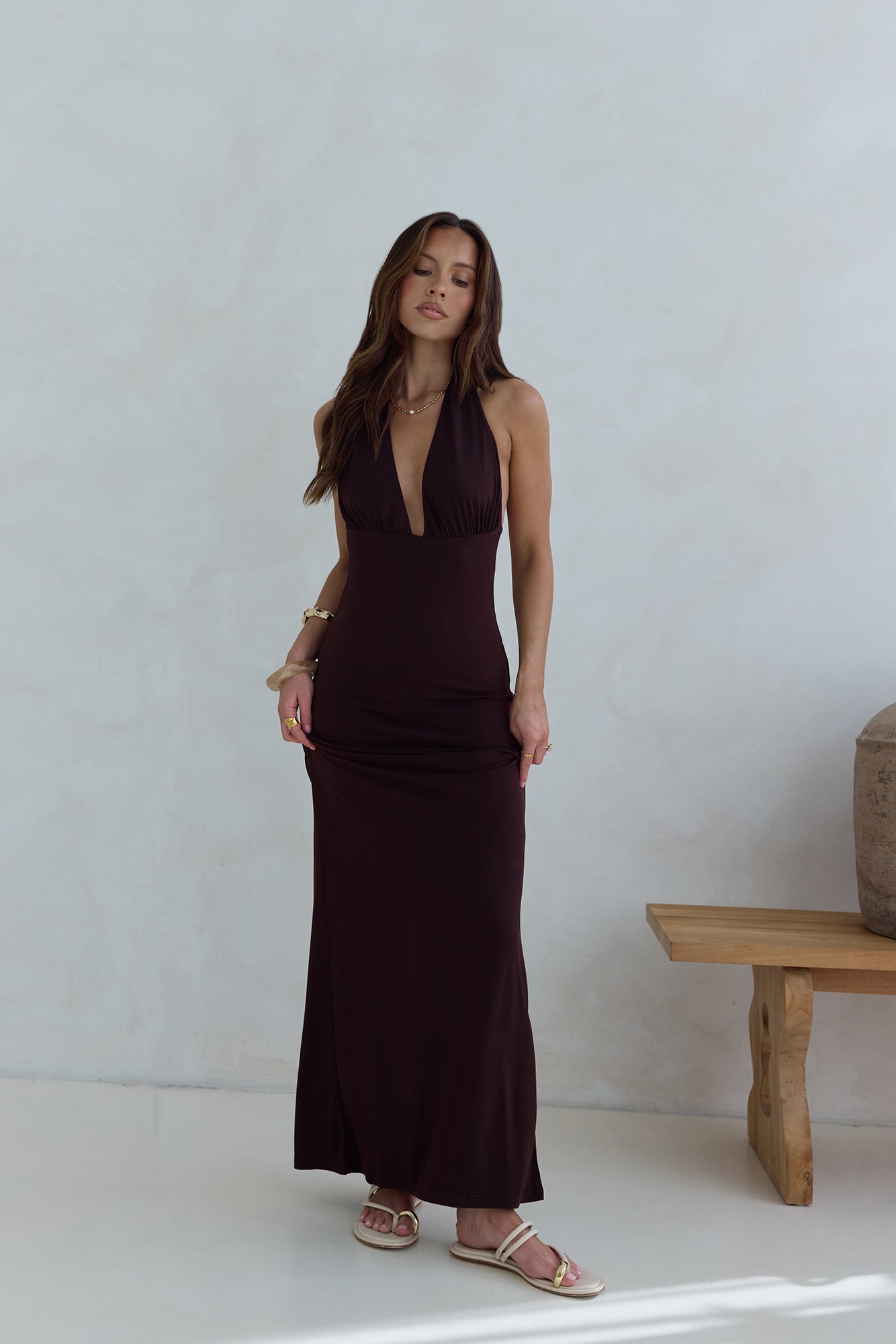 Iconic Evening Halter Maxi Dress Brown | Fortunate One Iconic Evening Halter Maxi Dress Brown | Fortunate One