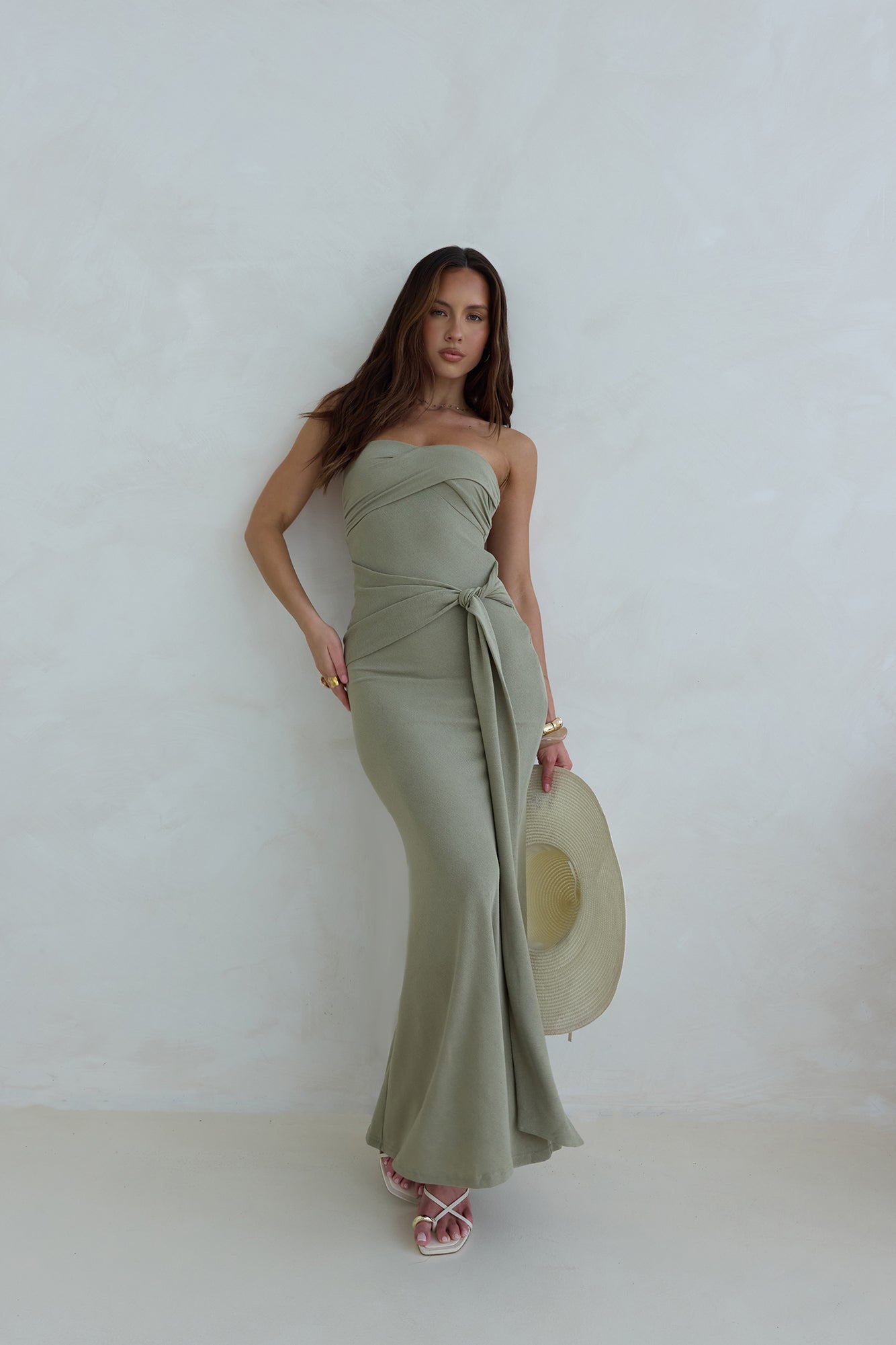 sage green strapless maxi dress Jasmine Strapless Satin Maxi Dress / Sage | MESHKI