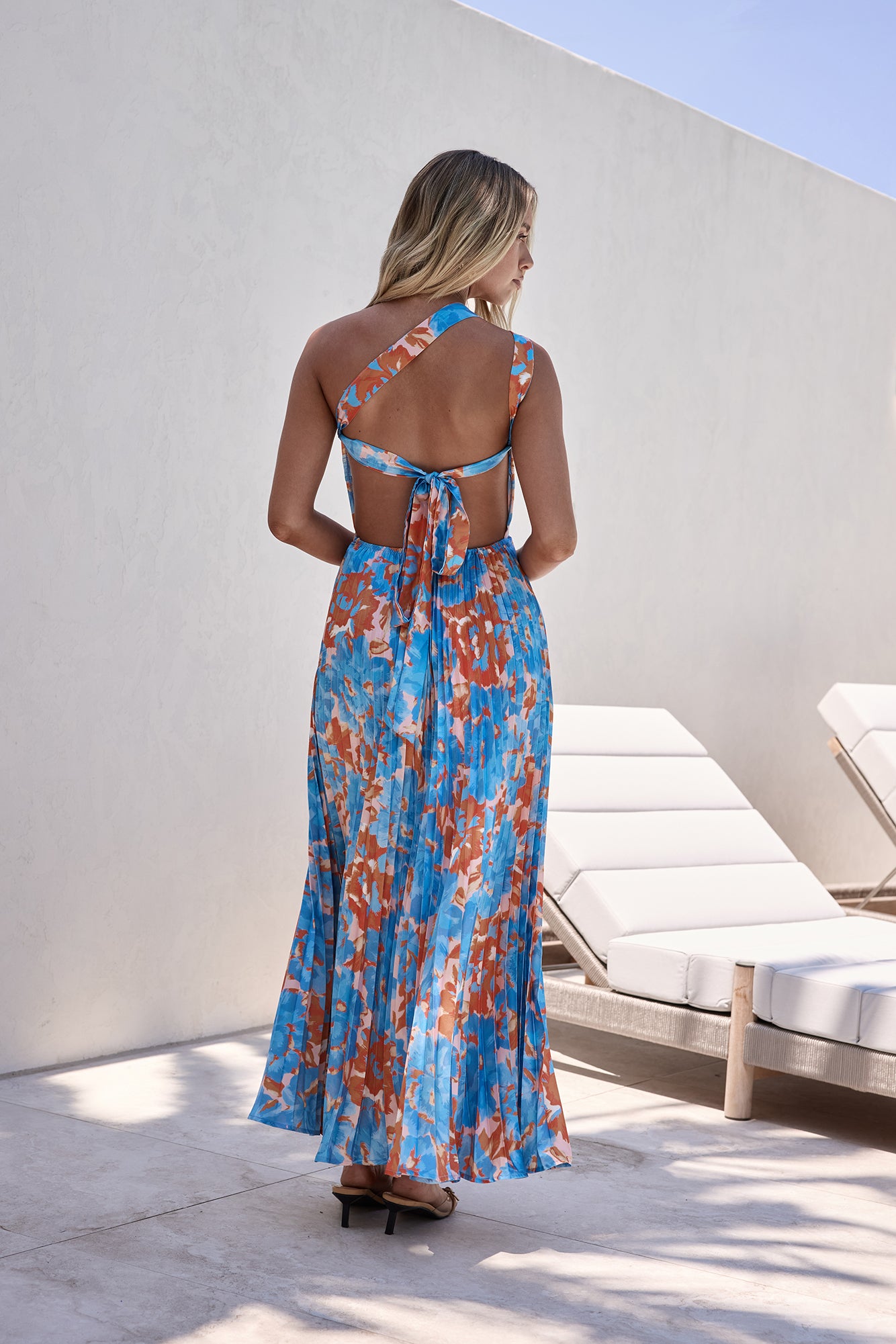 one shoulder long dress medallion print casual Adrianna Papell One Shoulder Metallic Stripe Floral Maxi Dress