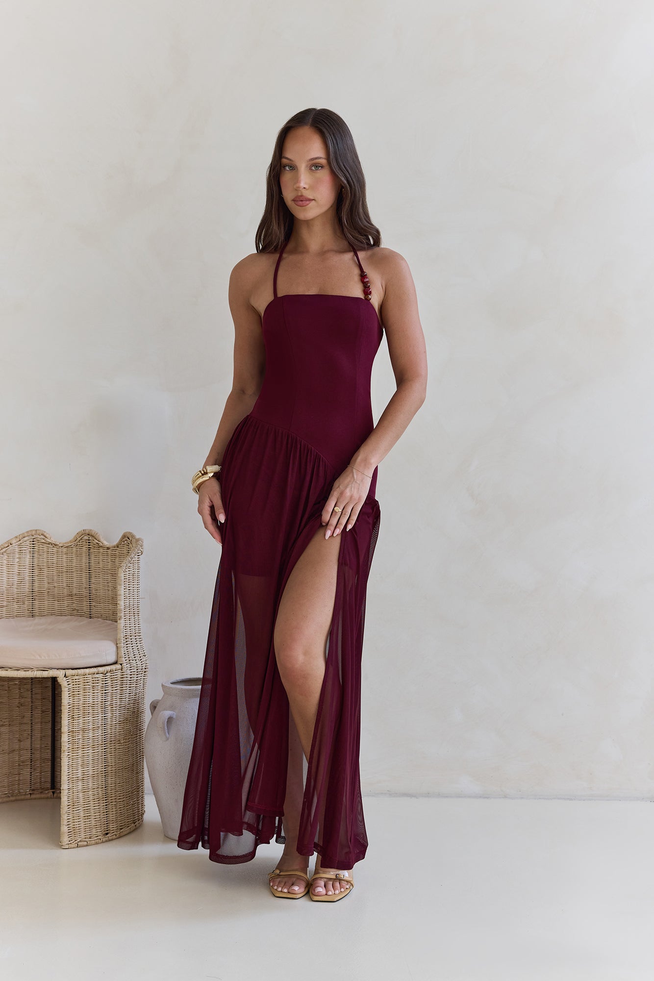 Feel The Light Halter Mesh Maxi Dress Burgundy Size L Feel The Light Halter Mesh Maxi Dress Burgundy Size L