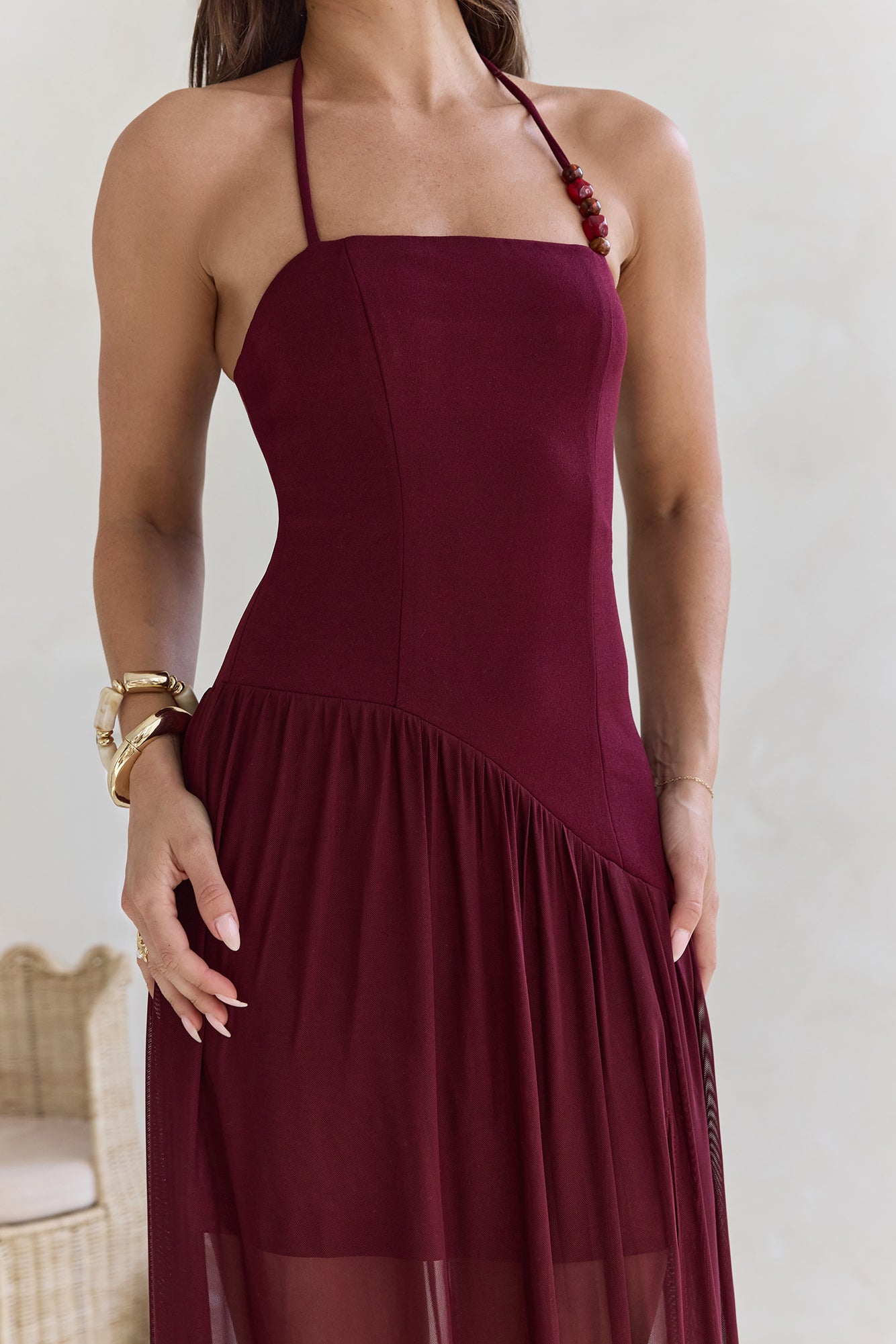 Feel The Light Halter Mesh Maxi Dress Burgundy Size L Feel The Light Halter Mesh Maxi Dress Burgundy Size L