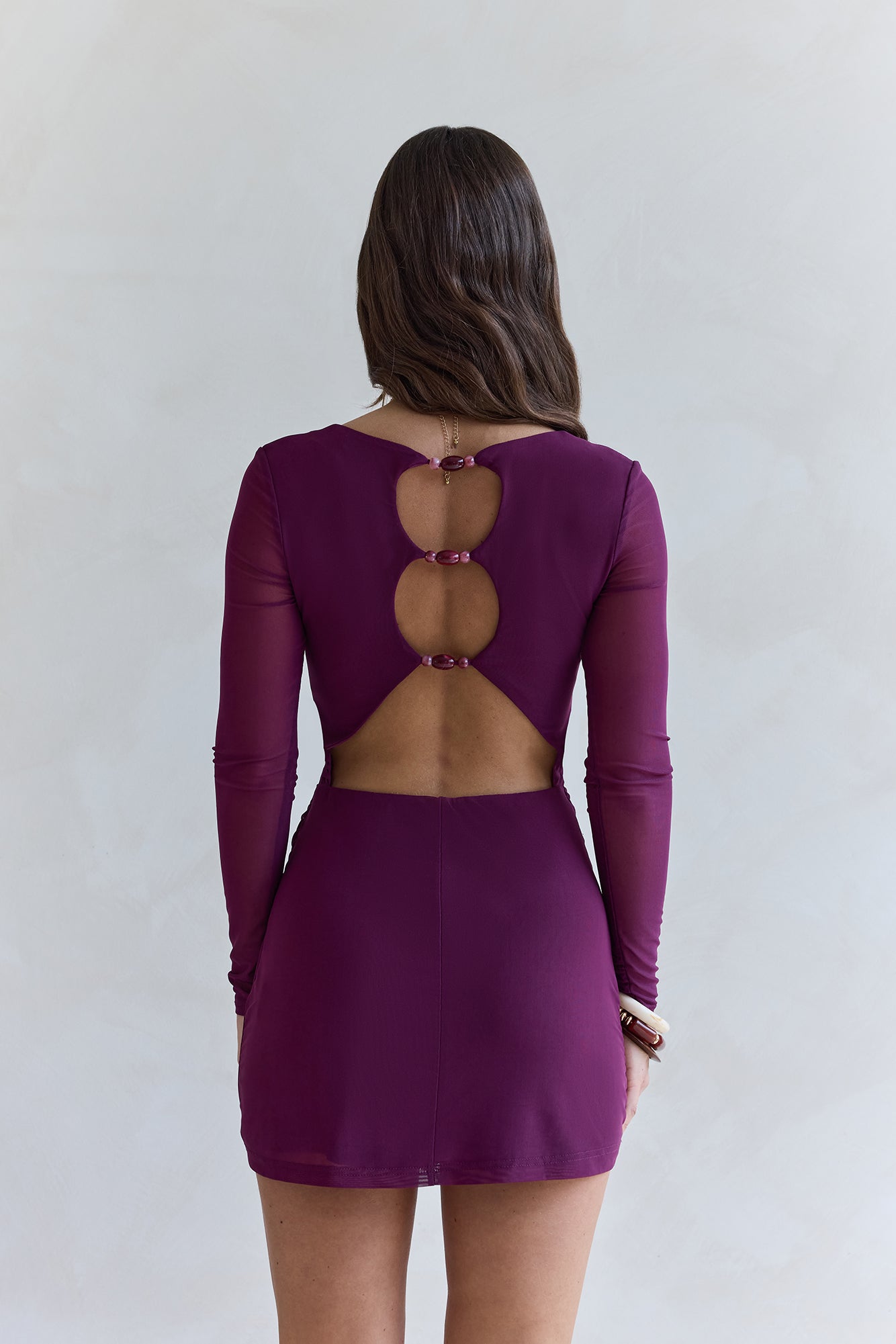 Glowing Nights Long Sleeve Mesh Mini Dress Plum Size L Glowing Nights Long Sleeve Mesh Mini Dress Plum Size L