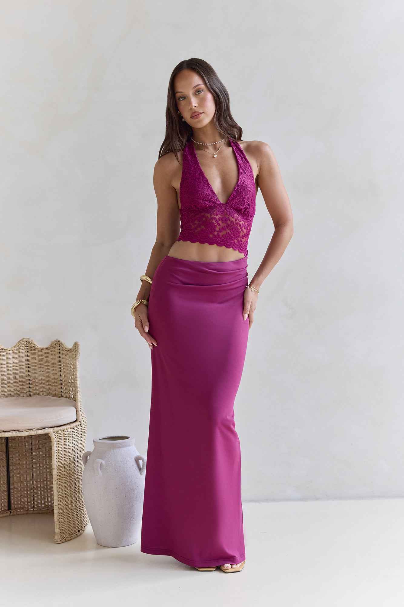 Best Believe Lace Halter Maxi Dress Plum Size M Best Believe Lace Halter Maxi Dress Plum Size M