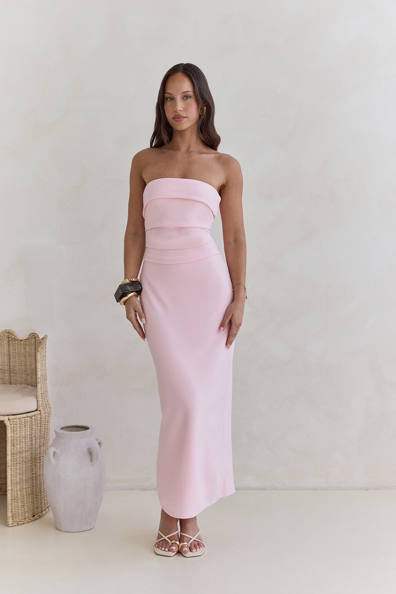 strapless open back dress pink lace high-waisted slim maxi dress main image 0