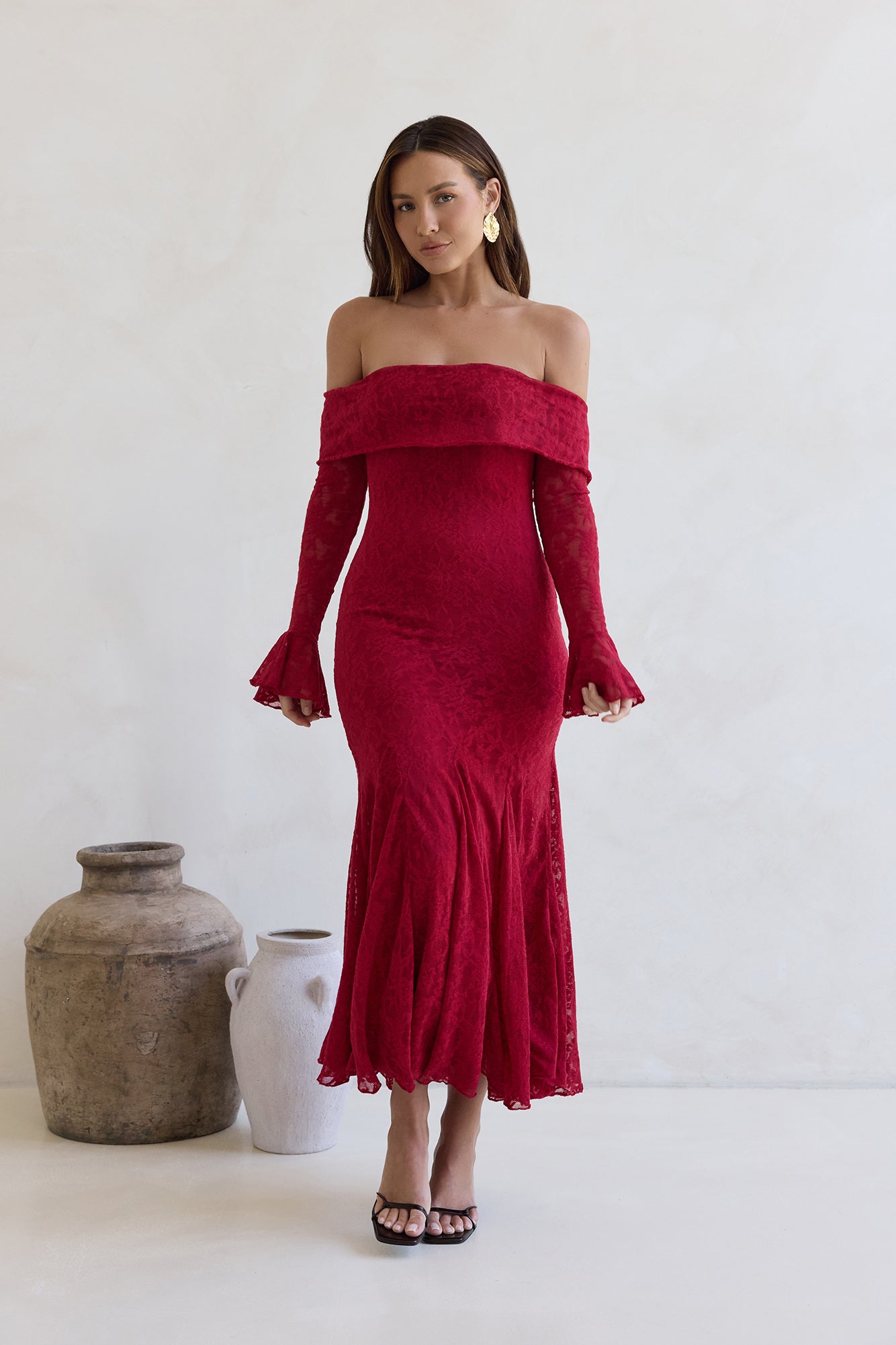 Here For Love Off Shoulder Mesh Maxi Dress Red Size M