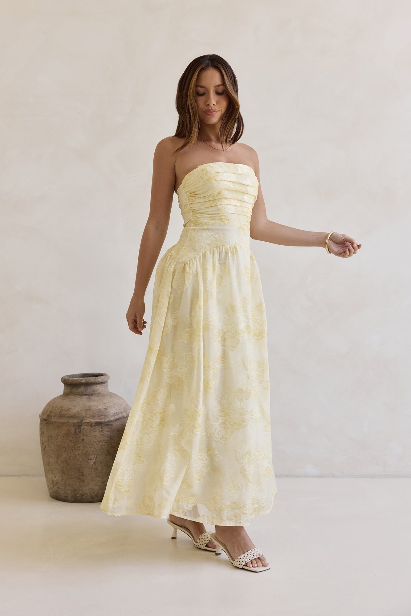 cloud strapless boucle maxi dress cream Cloud Kissed Paths Strapless Maxi Dress Yellow Size L