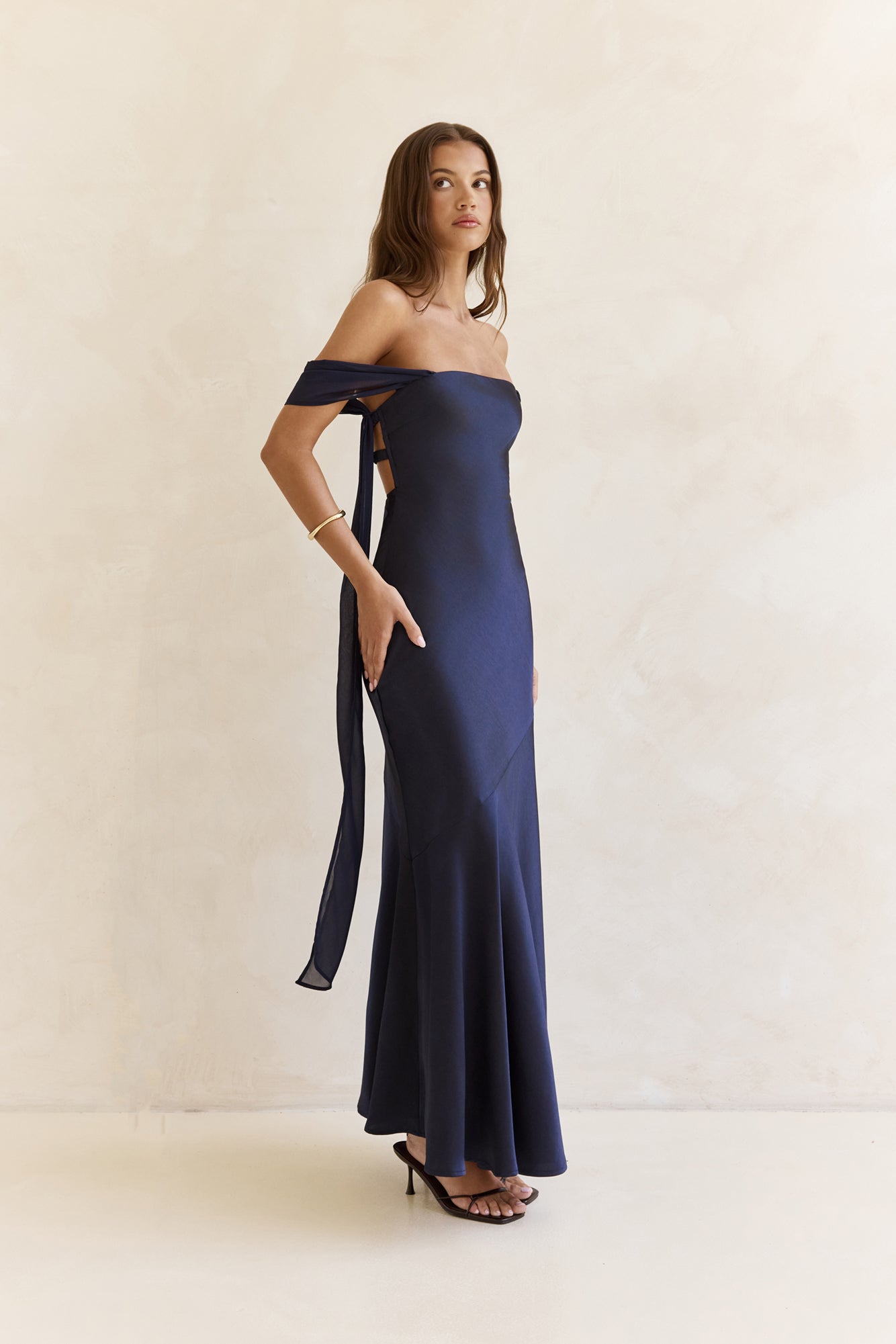 off shoulder navy maxi dress Alfred Sung Women's Off the Shoulder Puff Sleeve Satin Gown - Blue