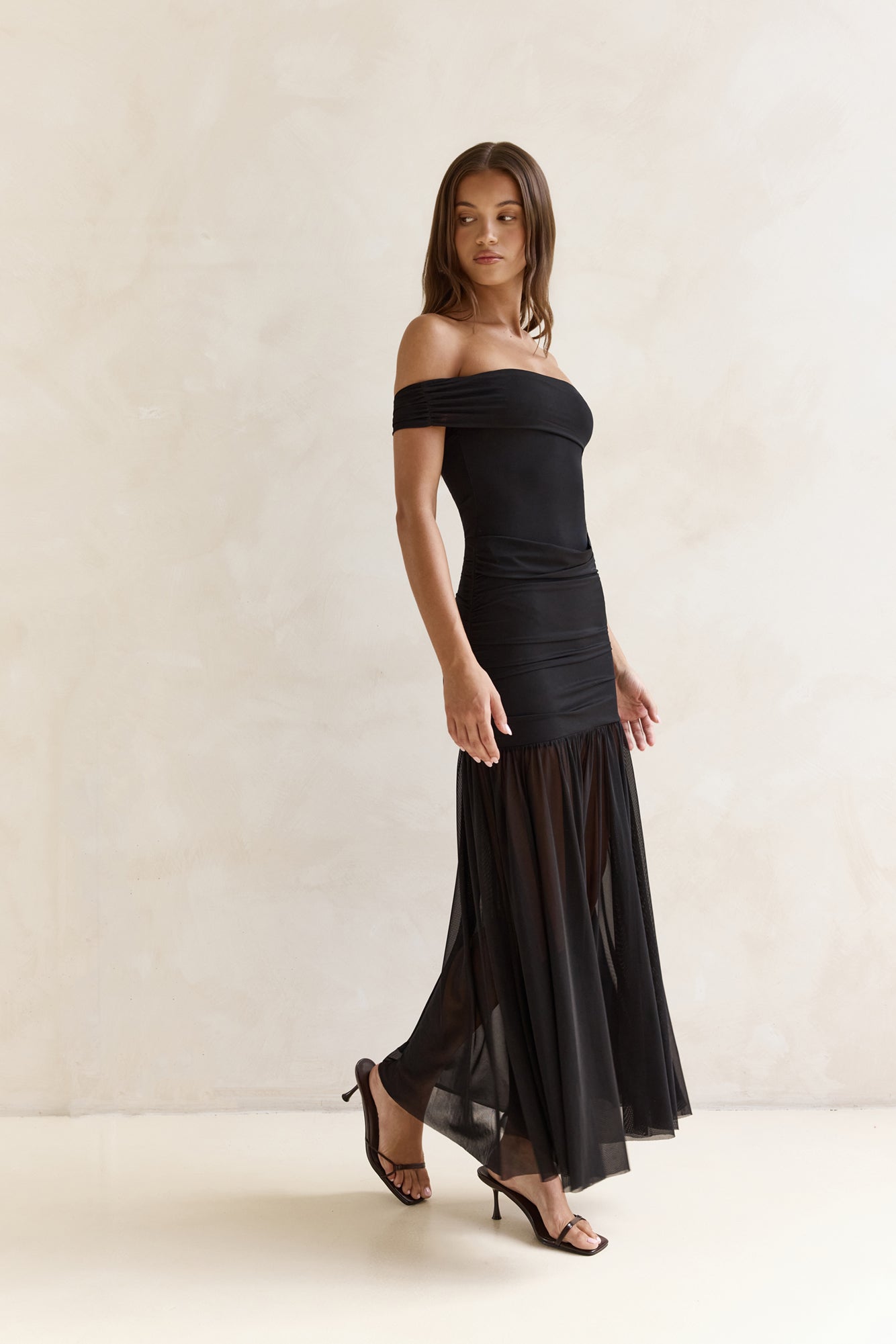 Serene Twilights One Shoulder Mesh Maxi Dress Black