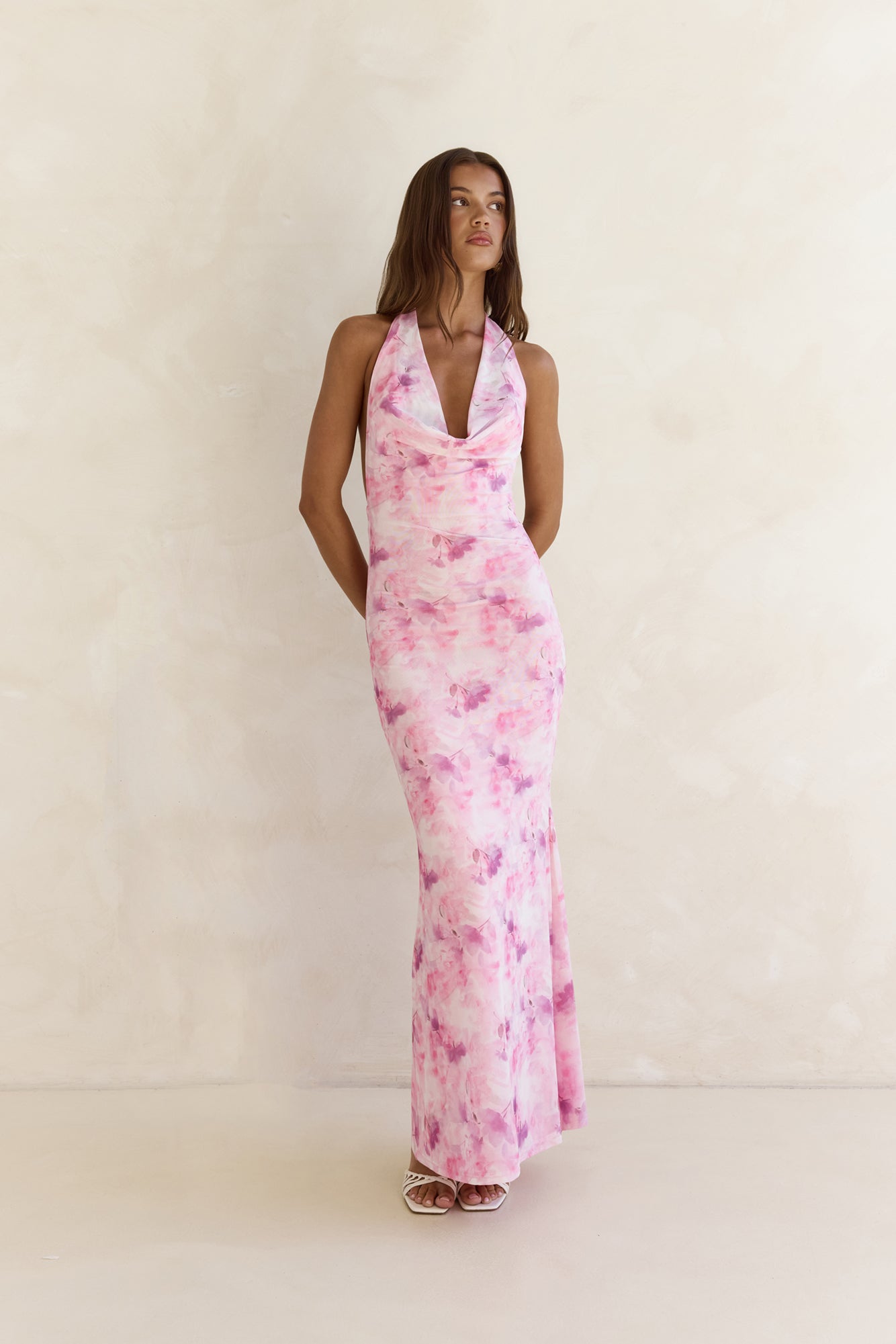 maxi dresses for curvy women Final Sale Plus Size Halter Chiffon Maxi Dress with Slits in Olive Palm Print