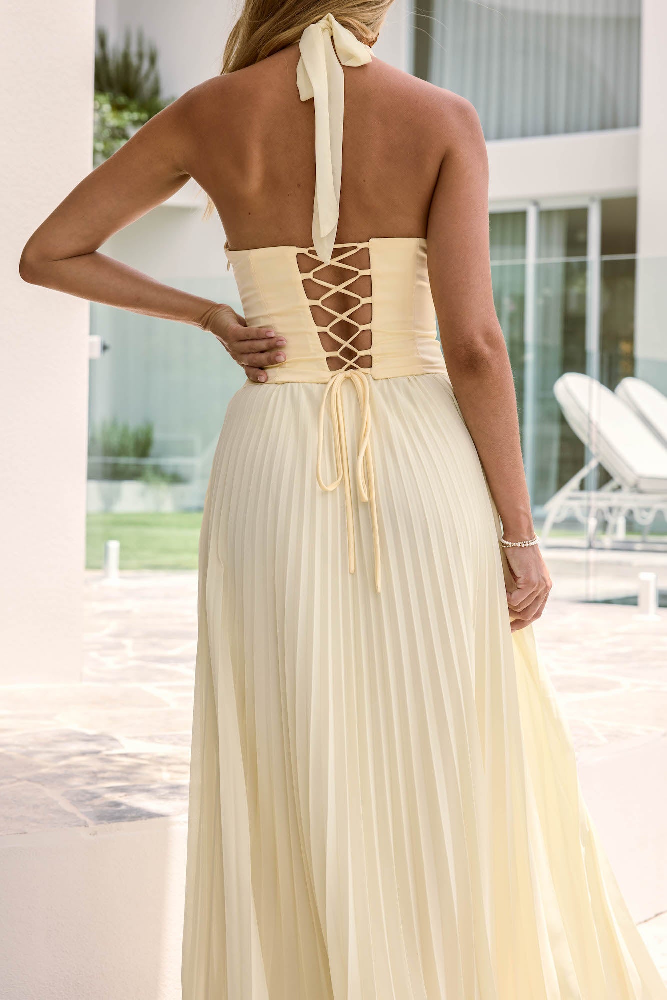 Paradise Falls Plisse Halter Maxi Dress Yellow | Fortunate One Paradise Falls Plisse Halter Maxi Dress Yellow | Fortunate One