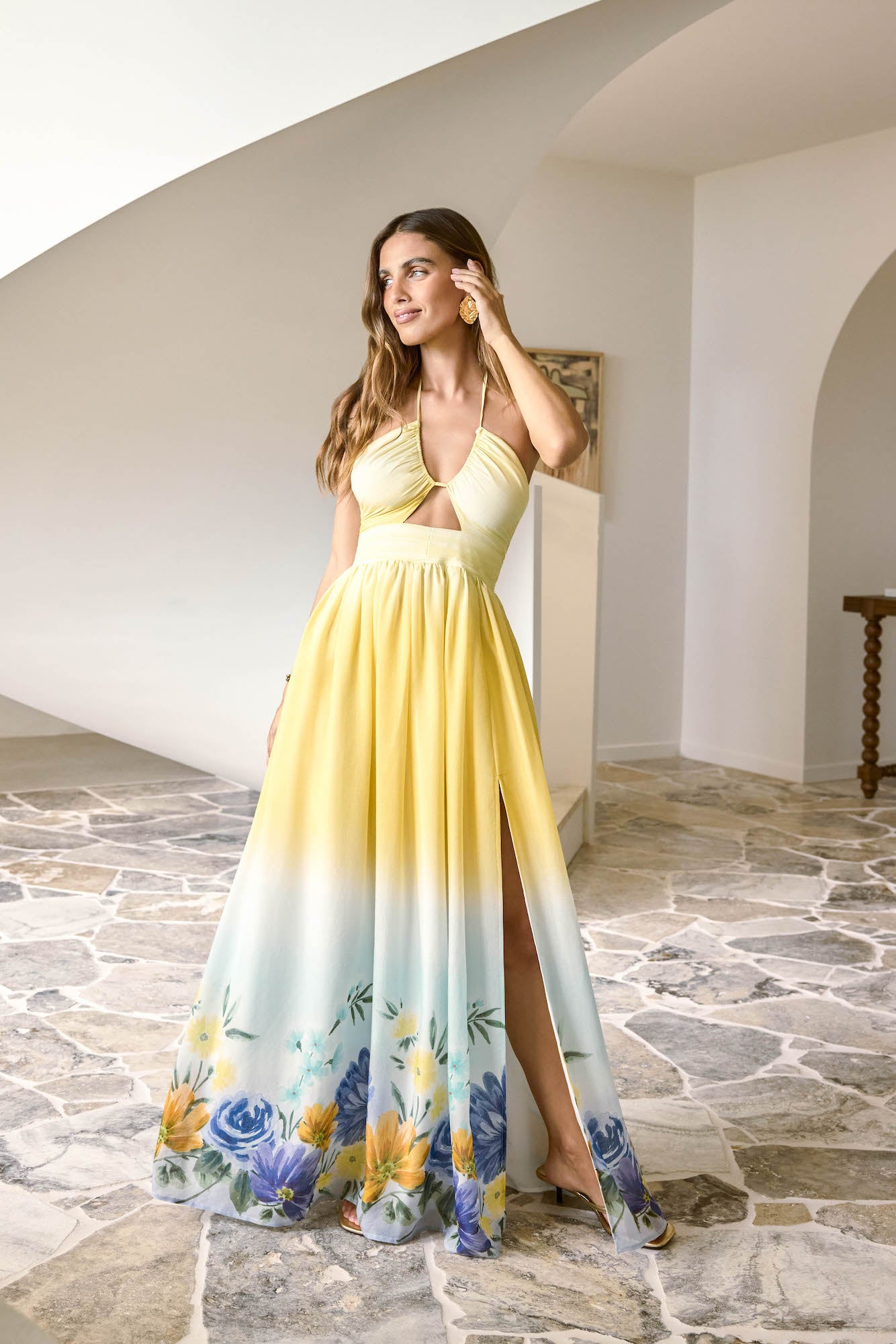 ombre halter maxi dress Blue Ombre Maxi Dress - Twist-Front Dress - Halter Maxi Dress