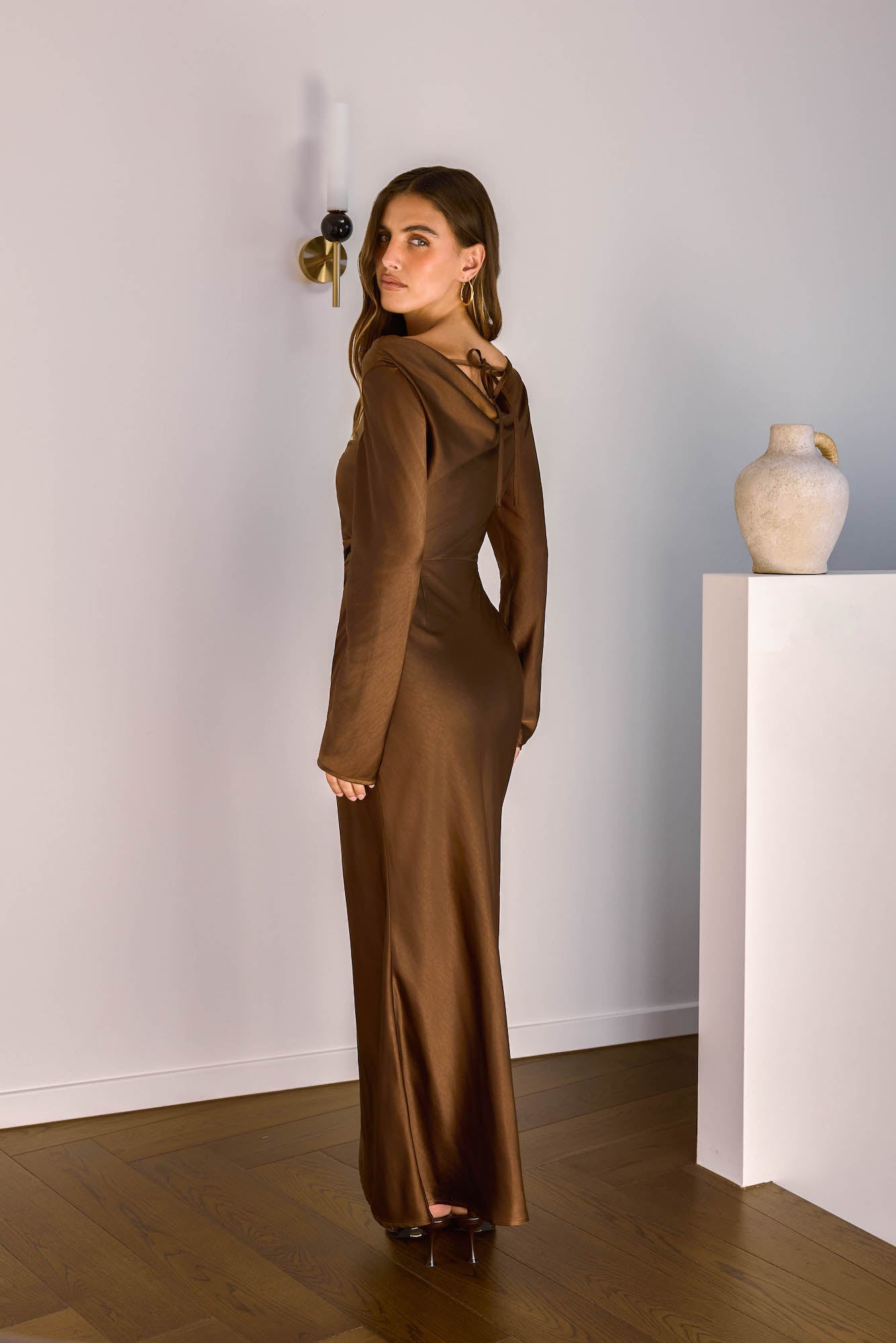 long sleeve brown maxi dress Cross The Skies Satin Long Sleeve Maxi Dress Brown Size M