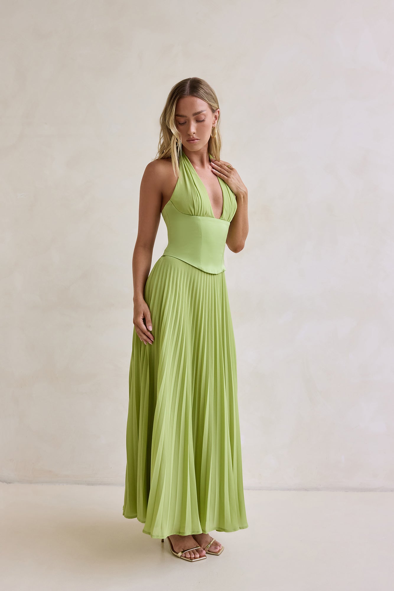 green tie dye print plisse cowl plunge maxi dress Paradise Falls Plisse Halter Maxi Dress Lime Green