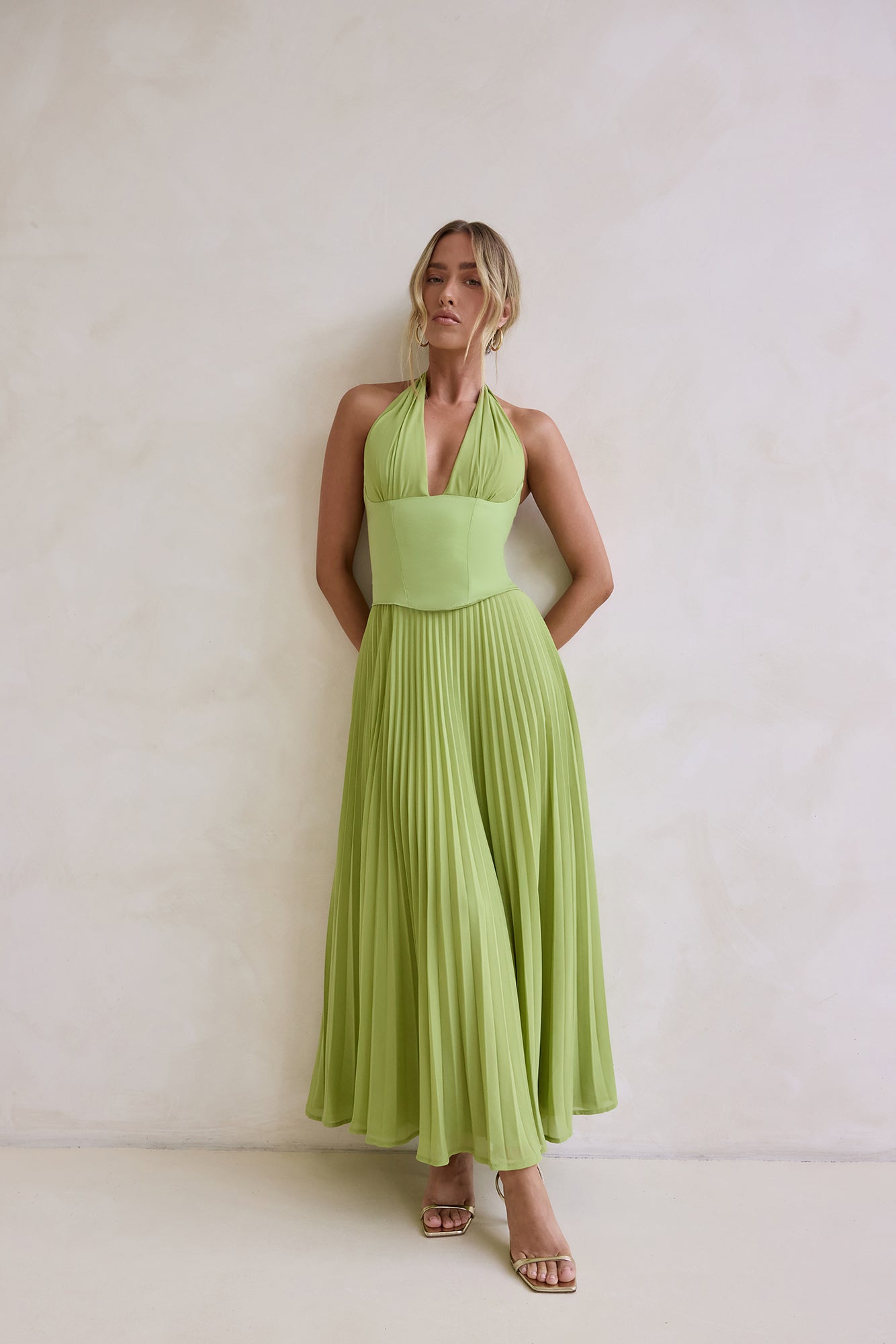 Paradise Falls Plisse Halter Maxi Dress Lime Green | Fortunate One Paradise Falls Plisse Halter Maxi Dress Lime Green | Fortunate One