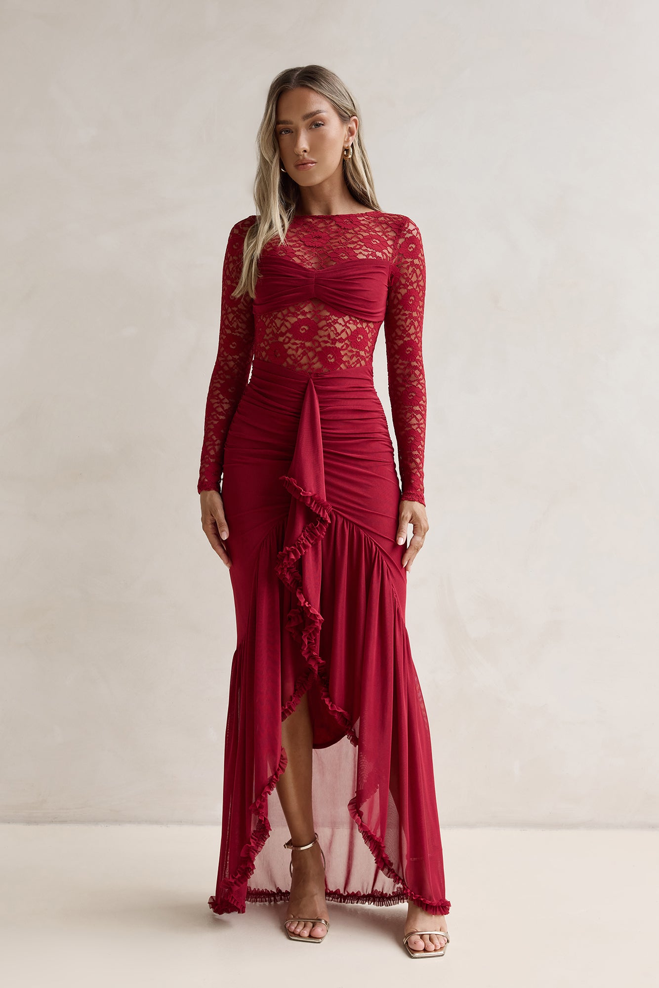 Flirtation Hour Lace Long Sleeve Maxi Dress Burgundy Size XL from Hello Molly