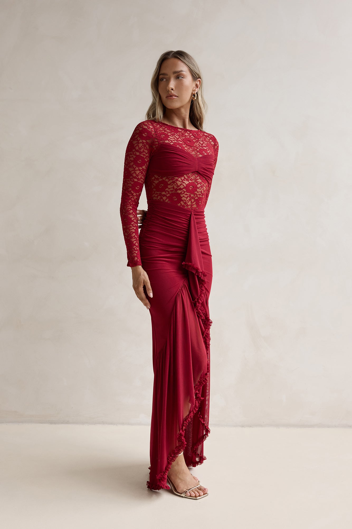 burgundy lace long sleeve maxi dress Miss Circle Women Udaya Burgundy Lace Long Sleeve Maxi Dress