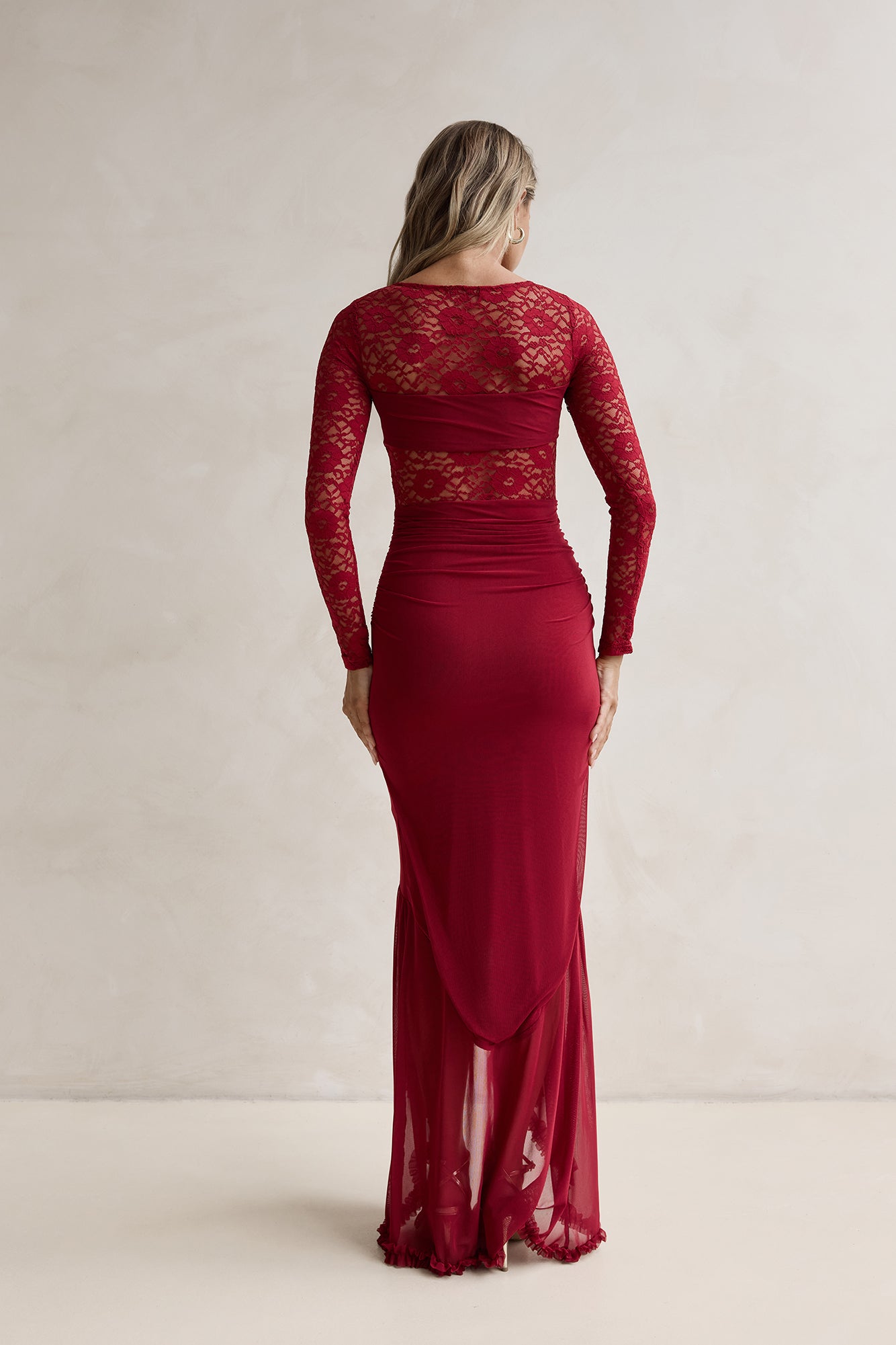 Flirtation Hour Lace Long Sleeve Maxi Dress Burgundy Size XL from Hello Molly Flirtation Hour Lace Long Sleeve Maxi Dress Burgundy Size XL from Hello Molly
