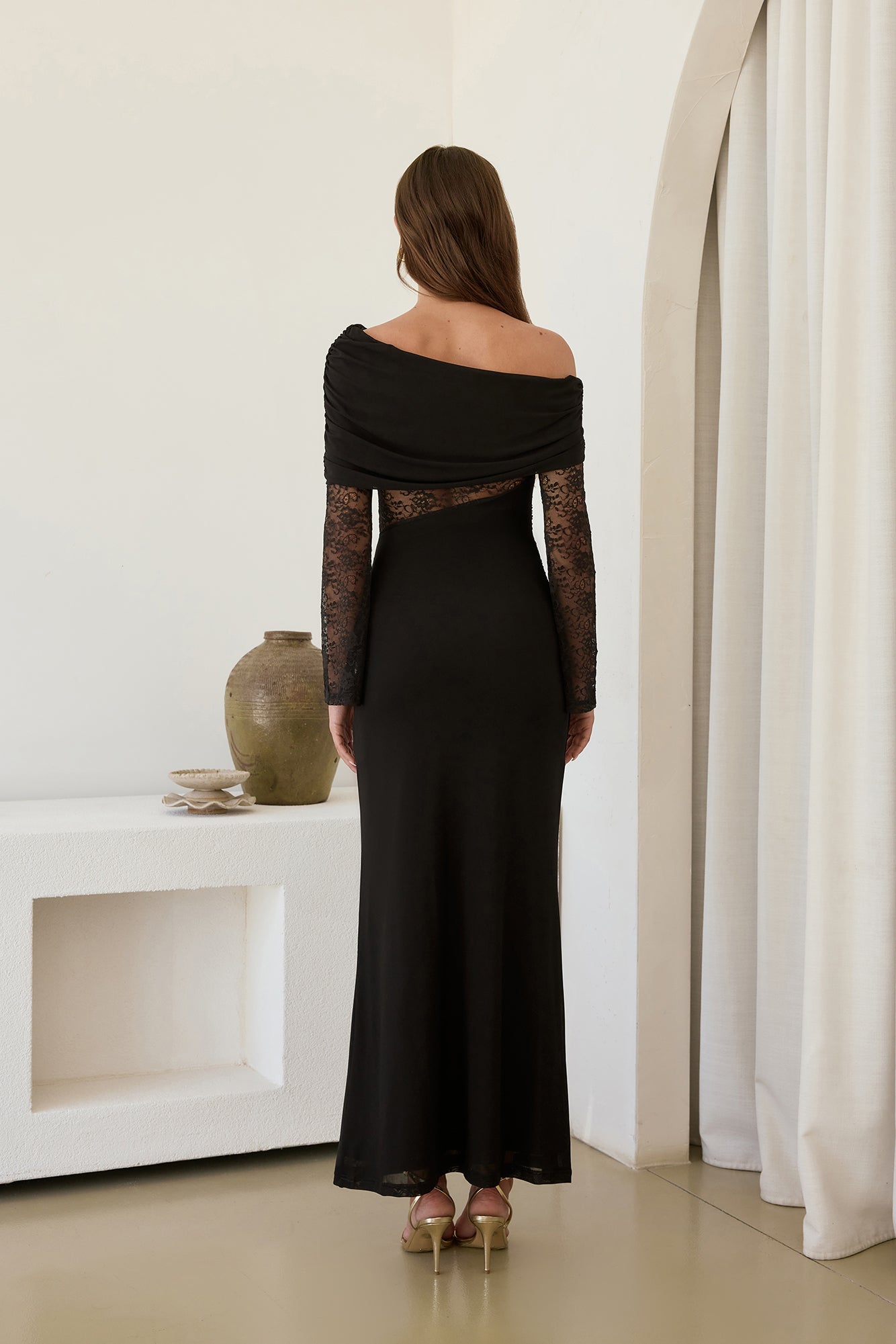 black off the shoulder mesh dress Lillian Off Shoulder Sheer Maxi Mesh Dress