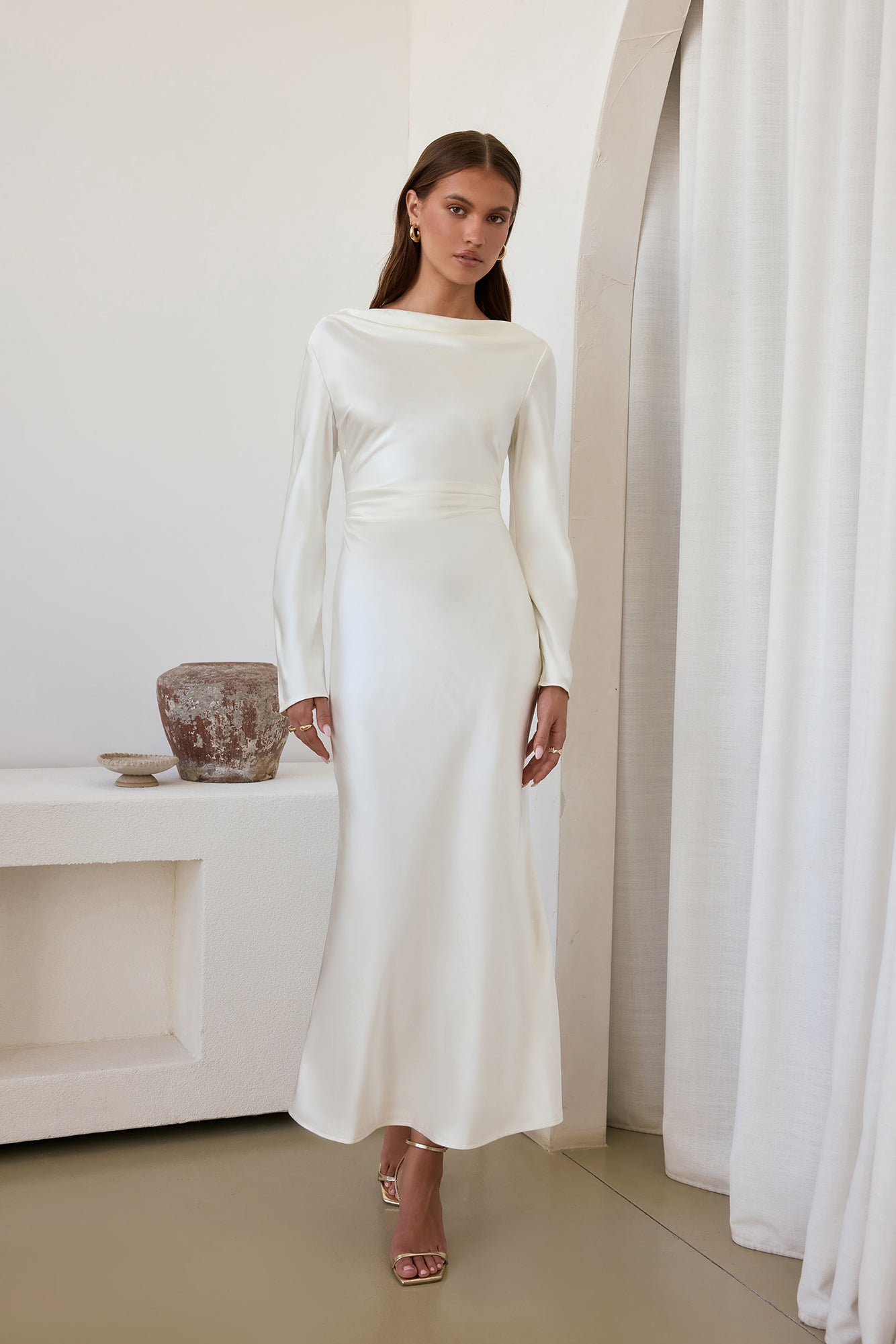 satin maxi dress white Cross The Skies Satin Long Sleeve Maxi Dress White