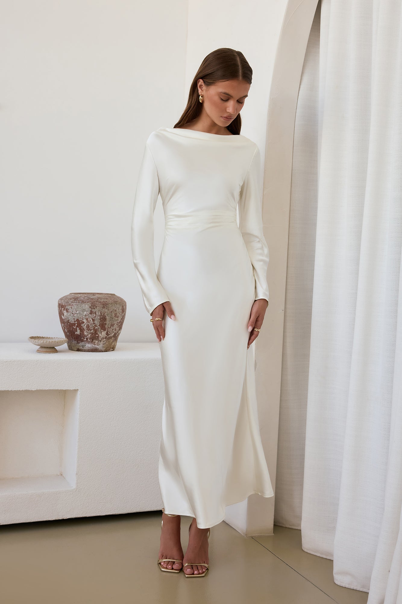 satin long sleeve maxi dress Cross The Skies Satin Long Sleeve Maxi Dress White Size XL