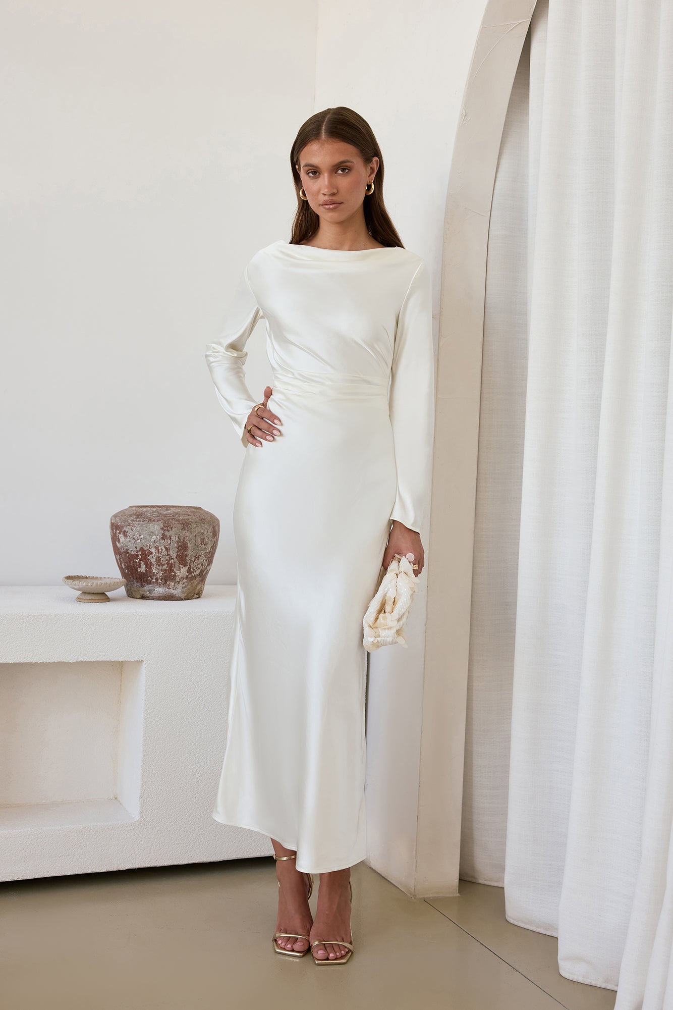 long sleeve white satin dresses Classy Satin Wedding Dress With Long Sleeves Elizabeth Made to Order / White / 10 US (42 EU)