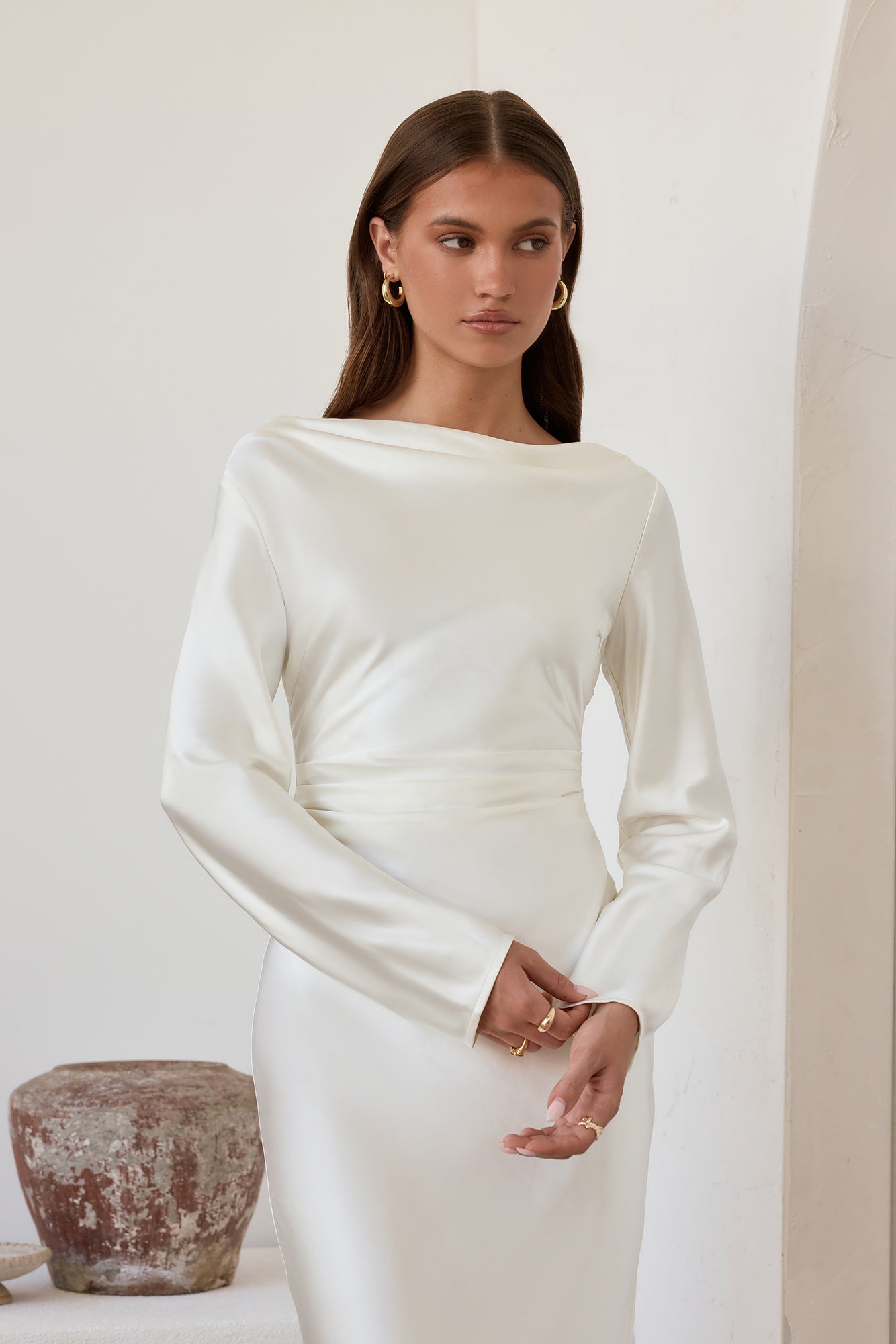 white satin maxi dress long sleeve White Satin Maxi Dress With Long Sleeves Italian Silky Satin Gown Handmade Custom Size Formal Dress Elegant Wedding Guest Outfit
