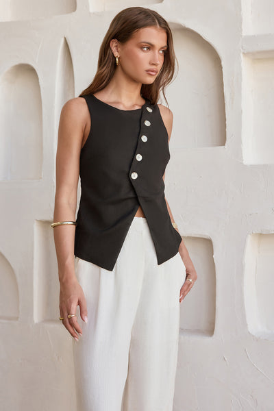 Sunset Drinks Linen Vest Top Black | Fortunate One