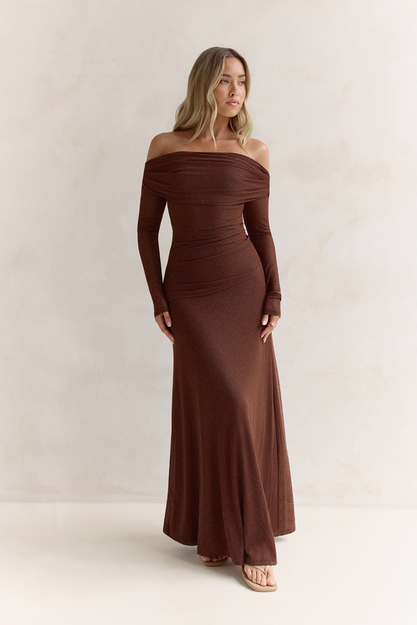 brown off the shoulder long sleeve dress Carmelita Long Sleeve Off Shoulder Maxi Dress Brown Size XL