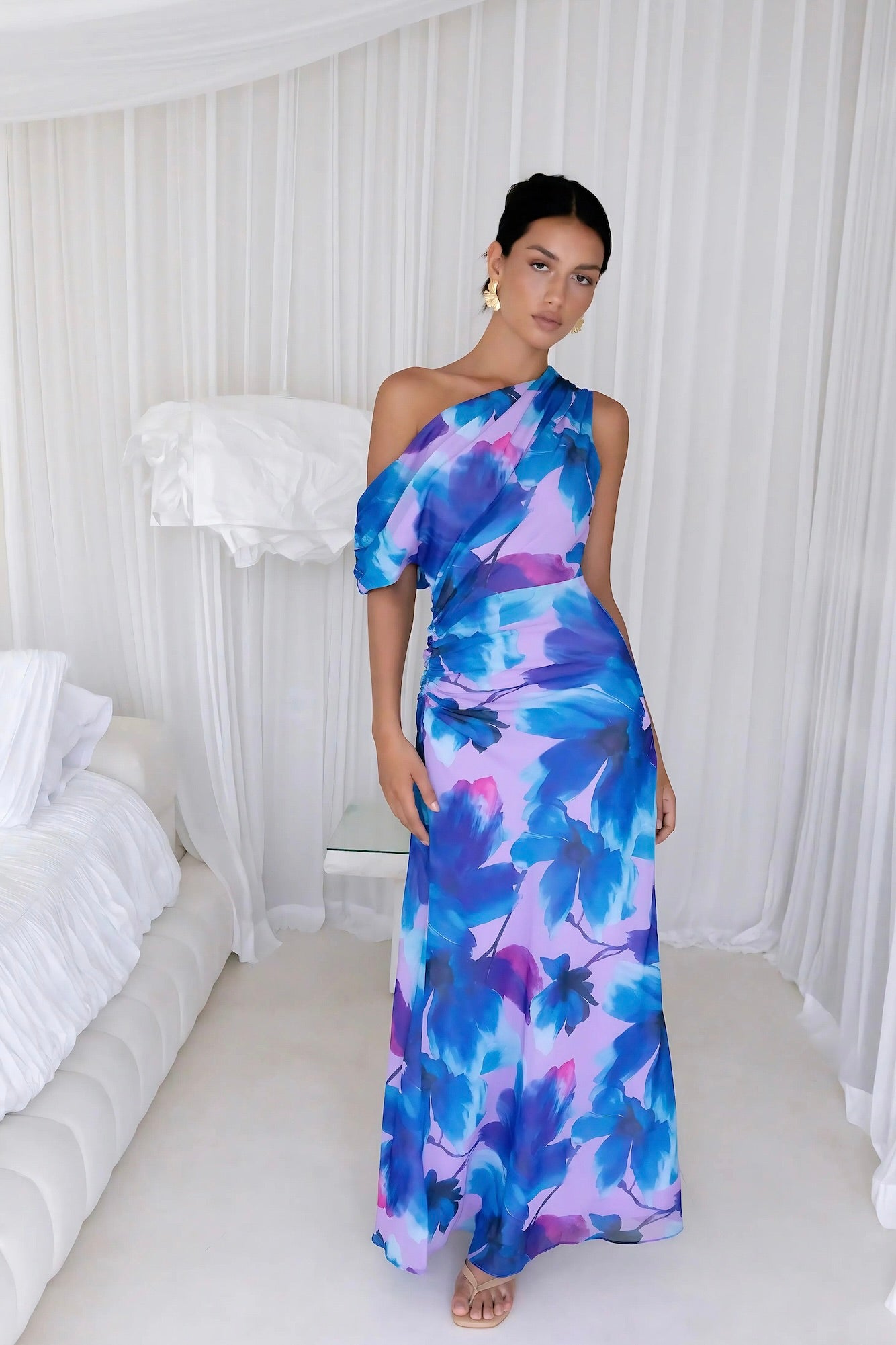 fitted lace wedding dress Baltic Born Womens Talia Off Shoulder Maxi Dress | Sea Blue Floral main image 1