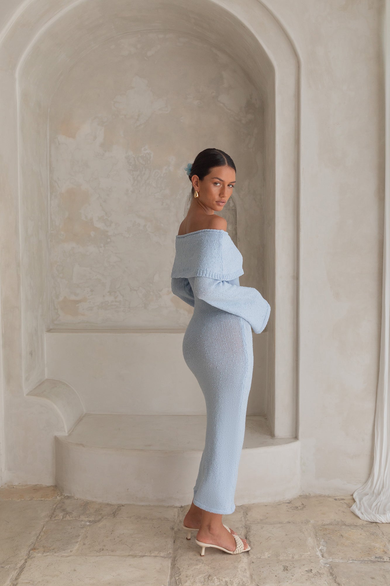 Cabana Crush Off Shoulder Knit Midi Dress Blue | Fortunate One Cabana Crush Off Shoulder Knit Midi Dress Blue | Fortunate One