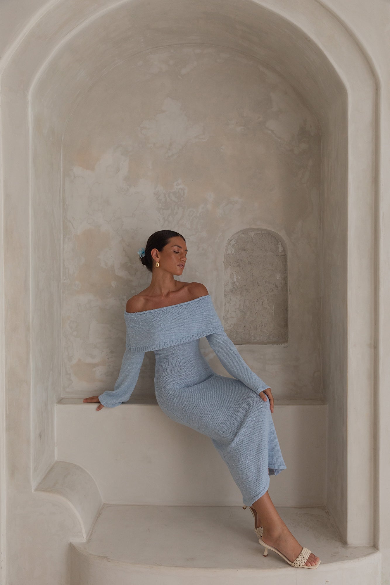 Cabana Crush Off Shoulder Knit Midi Dress Blue | Fortunate One Cabana Crush Off Shoulder Knit Midi Dress Blue | Fortunate One