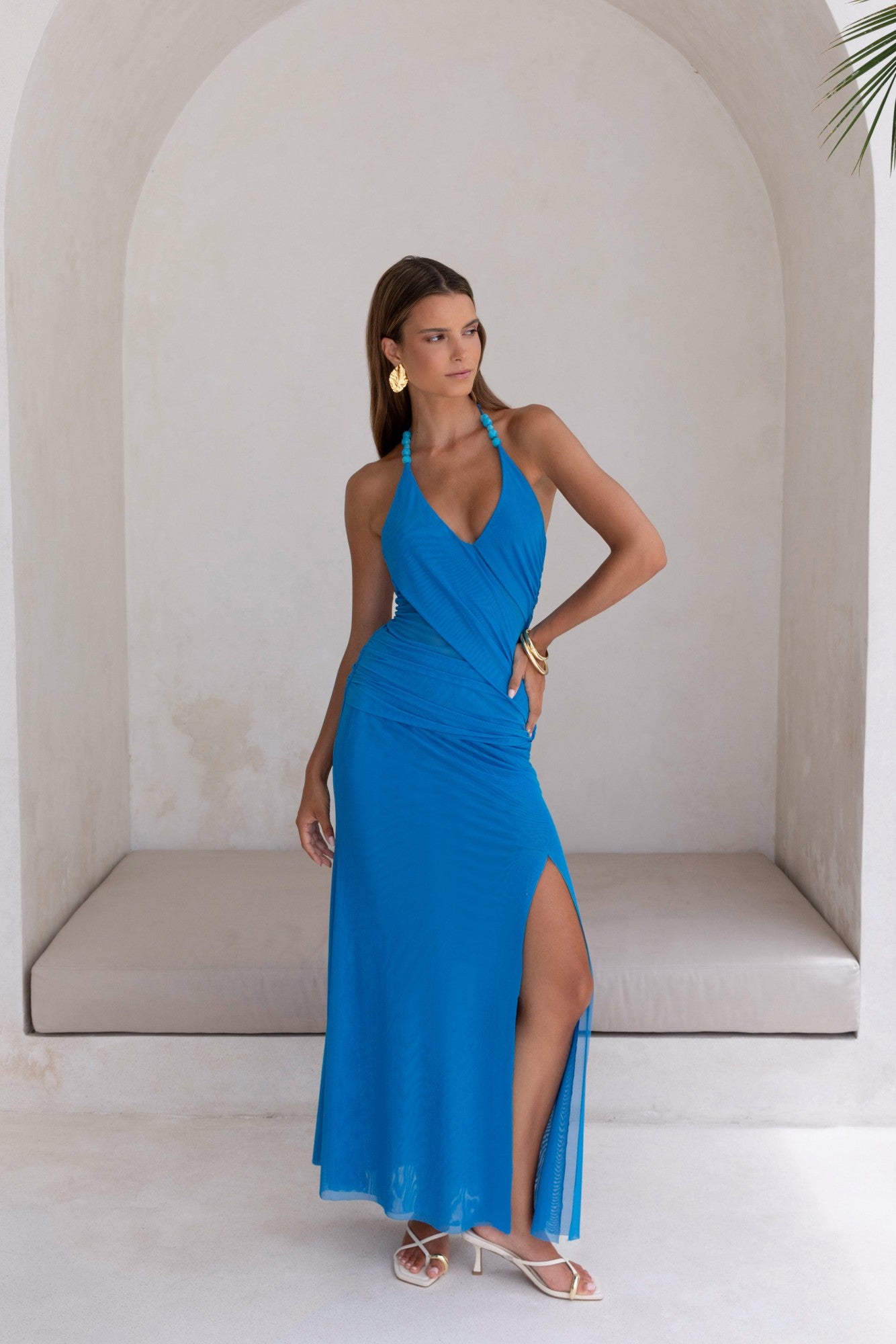 Kiss And Tell Mesh Halter Maxi Dress Blue | Fortunate One Kiss And Tell Mesh Halter Maxi Dress Blue | Fortunate One