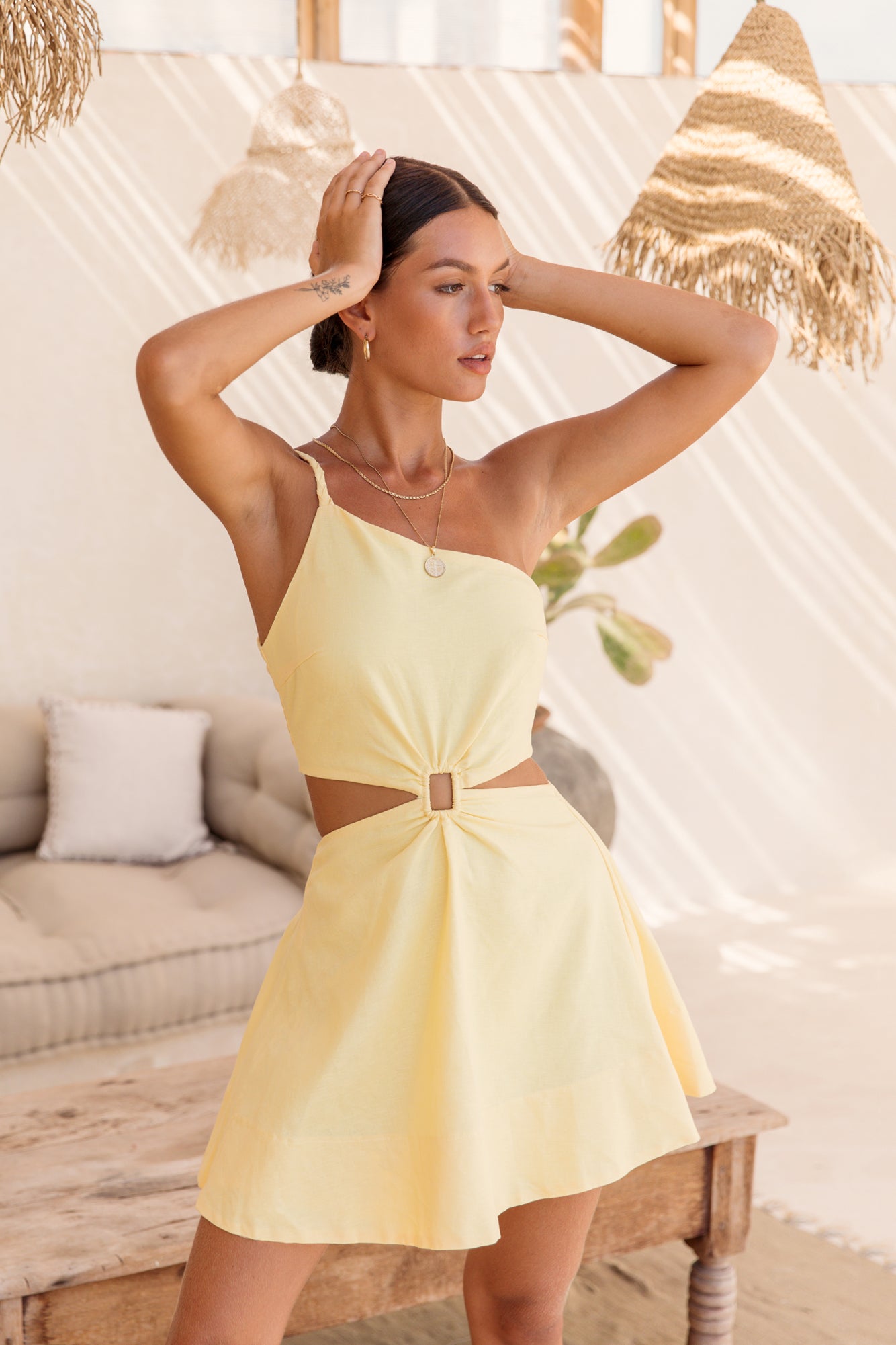 yellow short summer dresses Under$5 Yteetum Yellow Summer Dresses for Women Casual V-neck Print Open Back Dress Female Loose Eyelet Pleated Elastic Waist Short Sleeve Long
