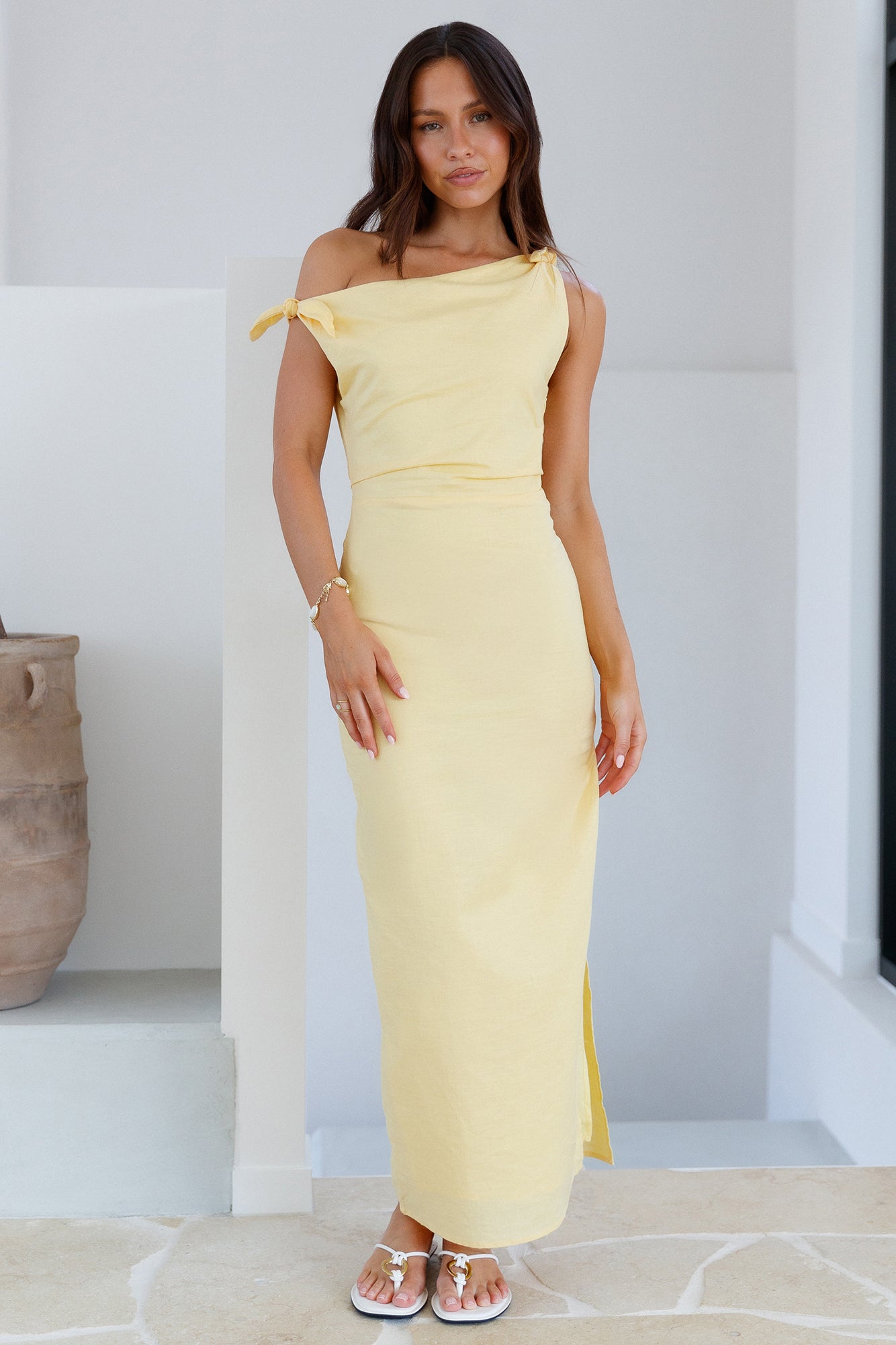 lemon linen dress Women's Lemon Linen Look Dropped Waist Strappy Maxi Dress
