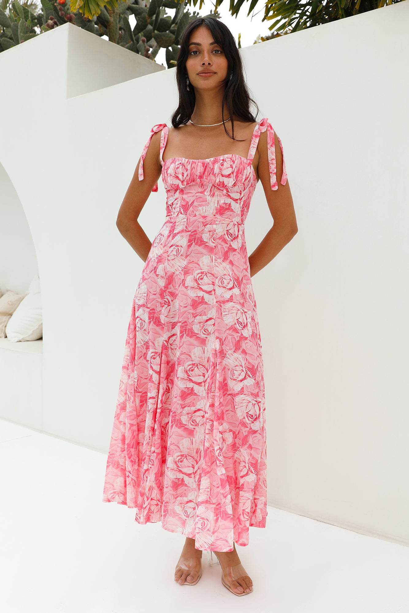 casual midi wedding guest dress Sleeveless Pink Midi Wedding Guest Dress with Roses Soft Blush / Small