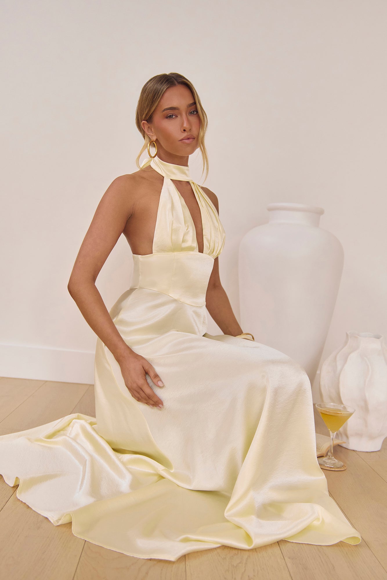 Hour Of Love Satin Halter Maxi Dress Yellow Hour Of Love Satin Halter Maxi Dress Yellow