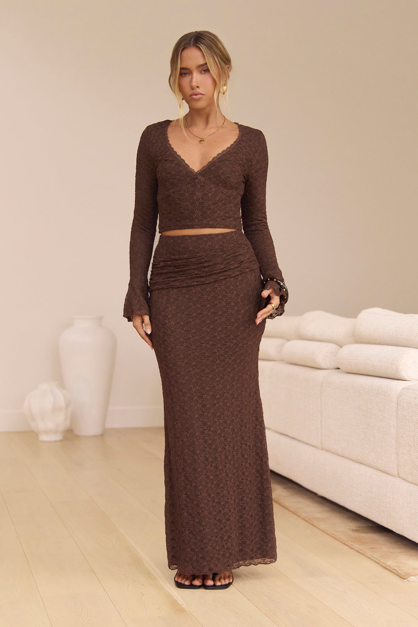 Heart To Hearts Lace Long Sleeve Crop Top Brown