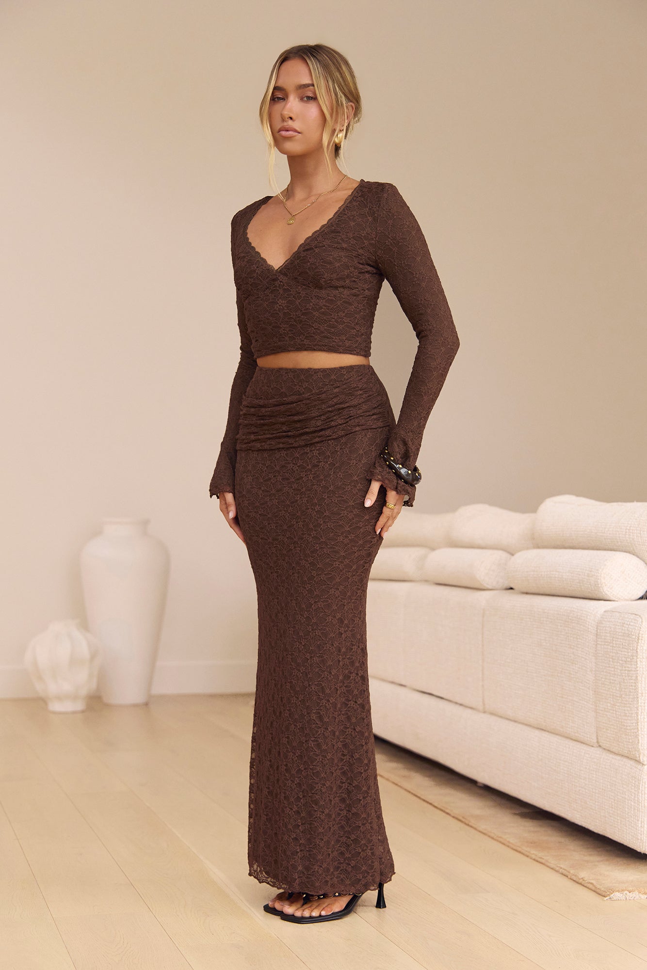 Heart To Hearts Lace Long Sleeve Crop Top Brown