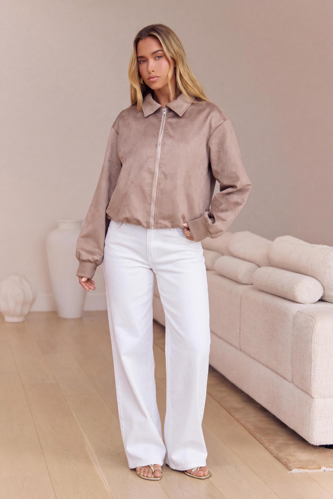 Asaka Faux Suede Bomber Jacket Taupe