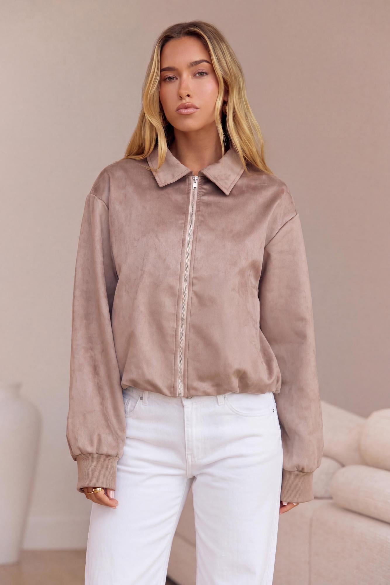 Asaka Faux Suede Bomber Jacket Taupe