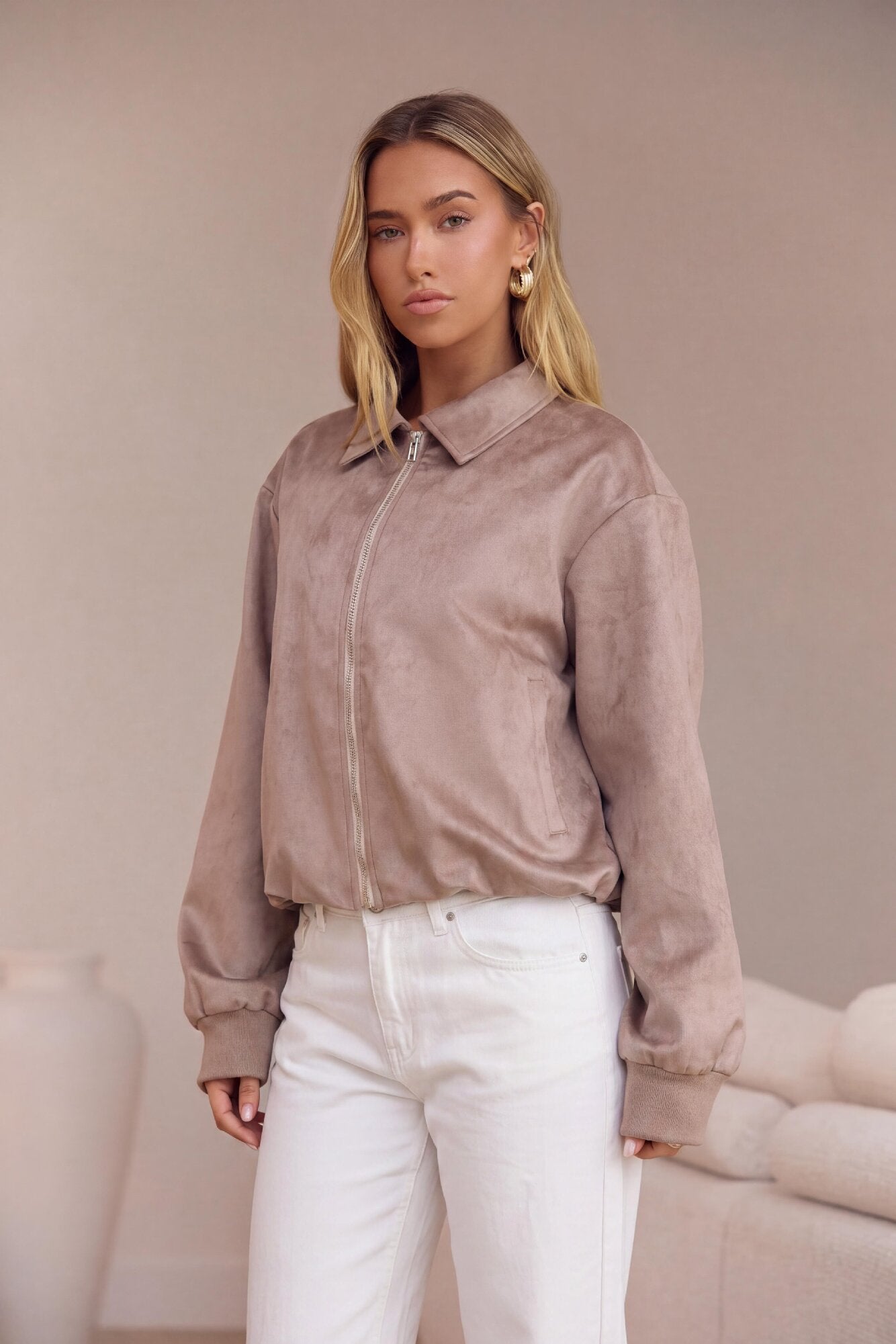 Asaka Faux Suede Bomber Jacket Taupe